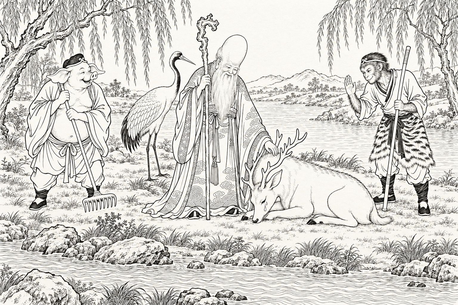 A line drawing in the manner of a late-Qing lithographed edition: on a willow-lined riverbank by day, a tall white-bearded old immortal with a high bald forehead stands holding a knotted staff and rests a hand on a white deer lying tearfully with its head bowed, a crane behind him, while a monkey-faced pilgrim with an iron staff raises a hand in greeting on the right and a pig-faced pilgrim with a nine-toothed rake grins on the left, with a stream, rocks and low hills beyond.