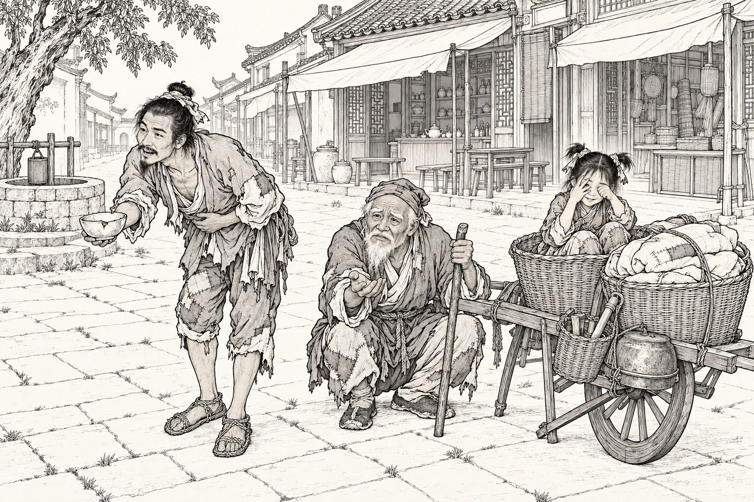 仿清末石印本的线描：集镇街口，衣衫褴褛的年轻乞丐弯腰伸出一只缺口的碗，拄着木棍的老乞丐蹲在旁边摊开手掌，独轮车筐里的小女孩揉着一只眼睛，从指缝里偷看。