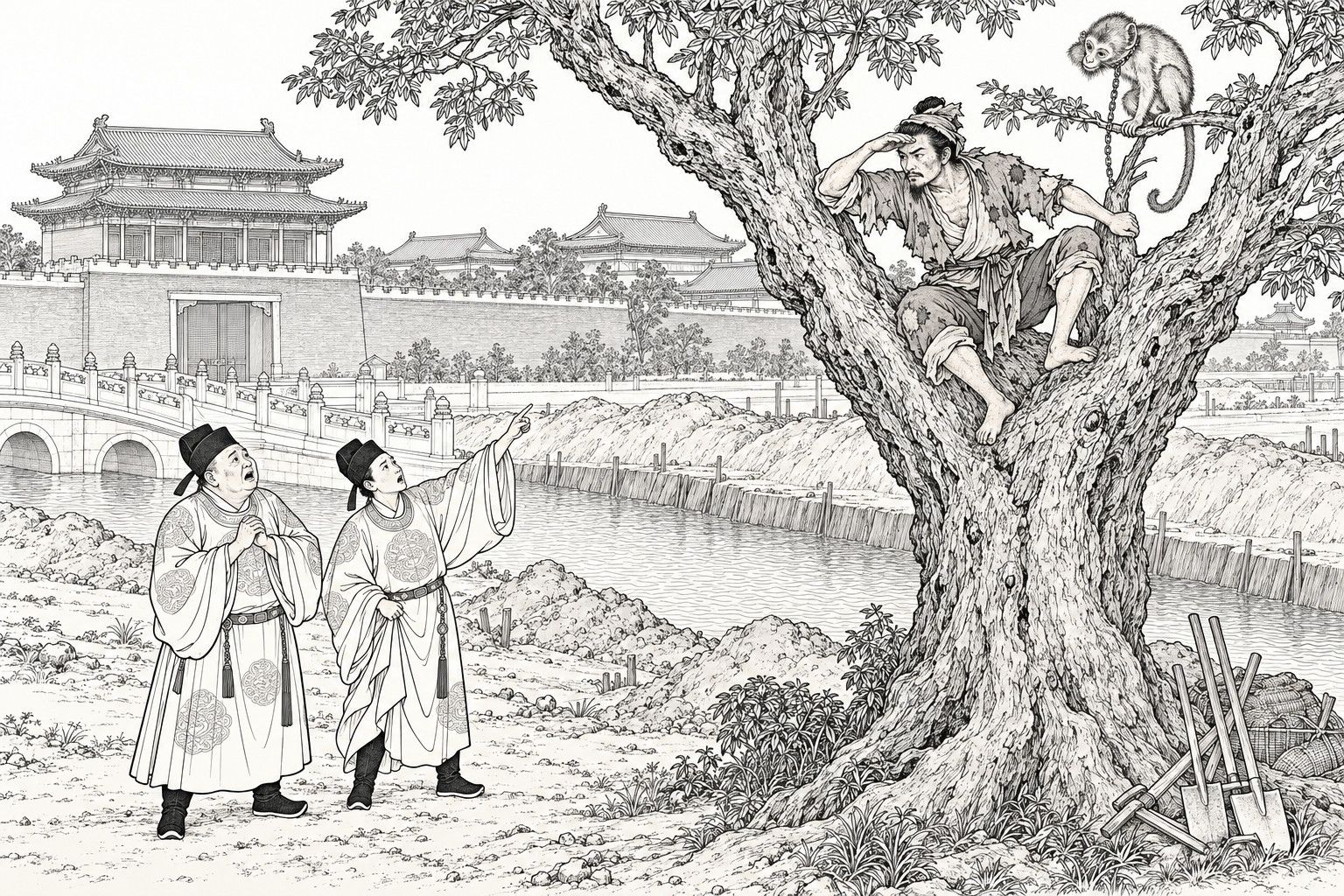 A line drawing in the manner of a late-Qing lithographed edition: beside a canal being dug before the palace walls, a ragged barefoot labourer sits astride the fork of a big tree with a hand shading his eyes, a chained monkey crouches on a twig above him, and two capped eunuchs below look up, one wringing his hands and the other pointing.
