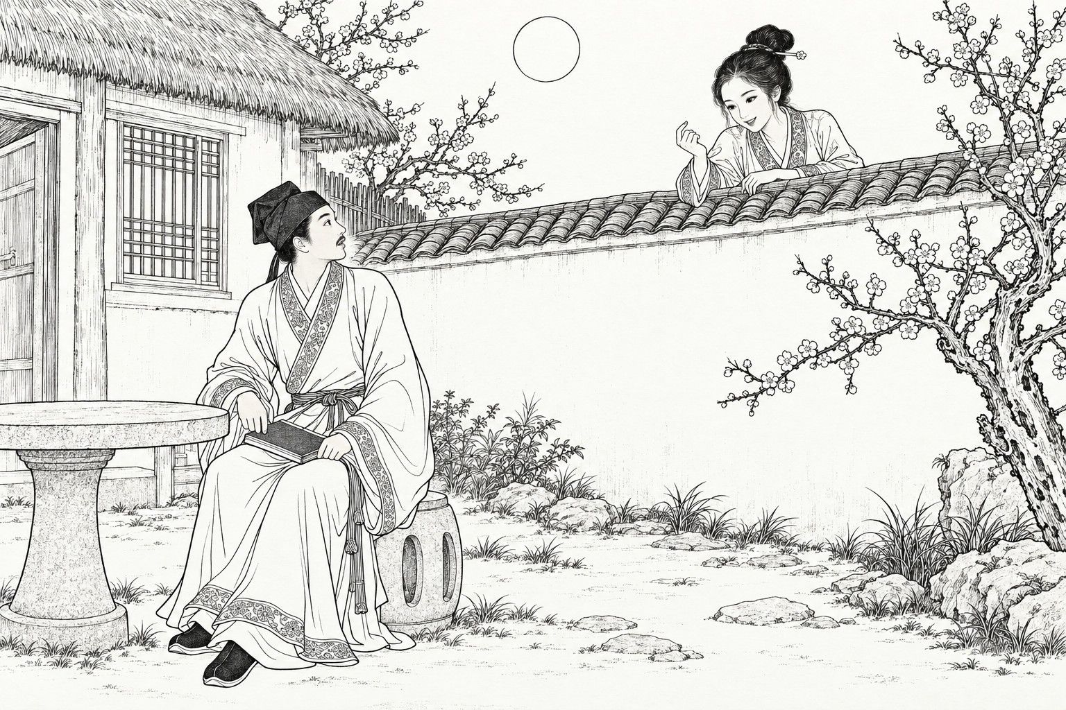 仿清末石印本的線描:月夜,一座有茅屋、梅樹和圓石桌的小院裡,戴軟方巾的青年書生坐在鼓形石凳上,膝上放著一本合上的書,驚訝地抬頭看;牆頭瓦頂上,一位戴髮簪的年輕女子雙手搭在瓦上,微笑著,一手抬起向他招手。