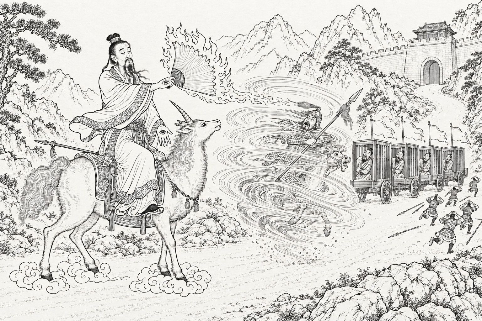 A line drawing in the manner of a late-Qing lithographed edition: on a mountain road below a pass wall, the gentle Yang Ren with closed eyes and an open eye in each palm rides a one-horned deer-like beast standing on scraps of cloud and swings a flame-edged fan at an armoured officer, who is caught in a spinning gust of wind with his horse; four prison carts with craning prisoners stand on the road and tiny soldiers throw down their spears and run.