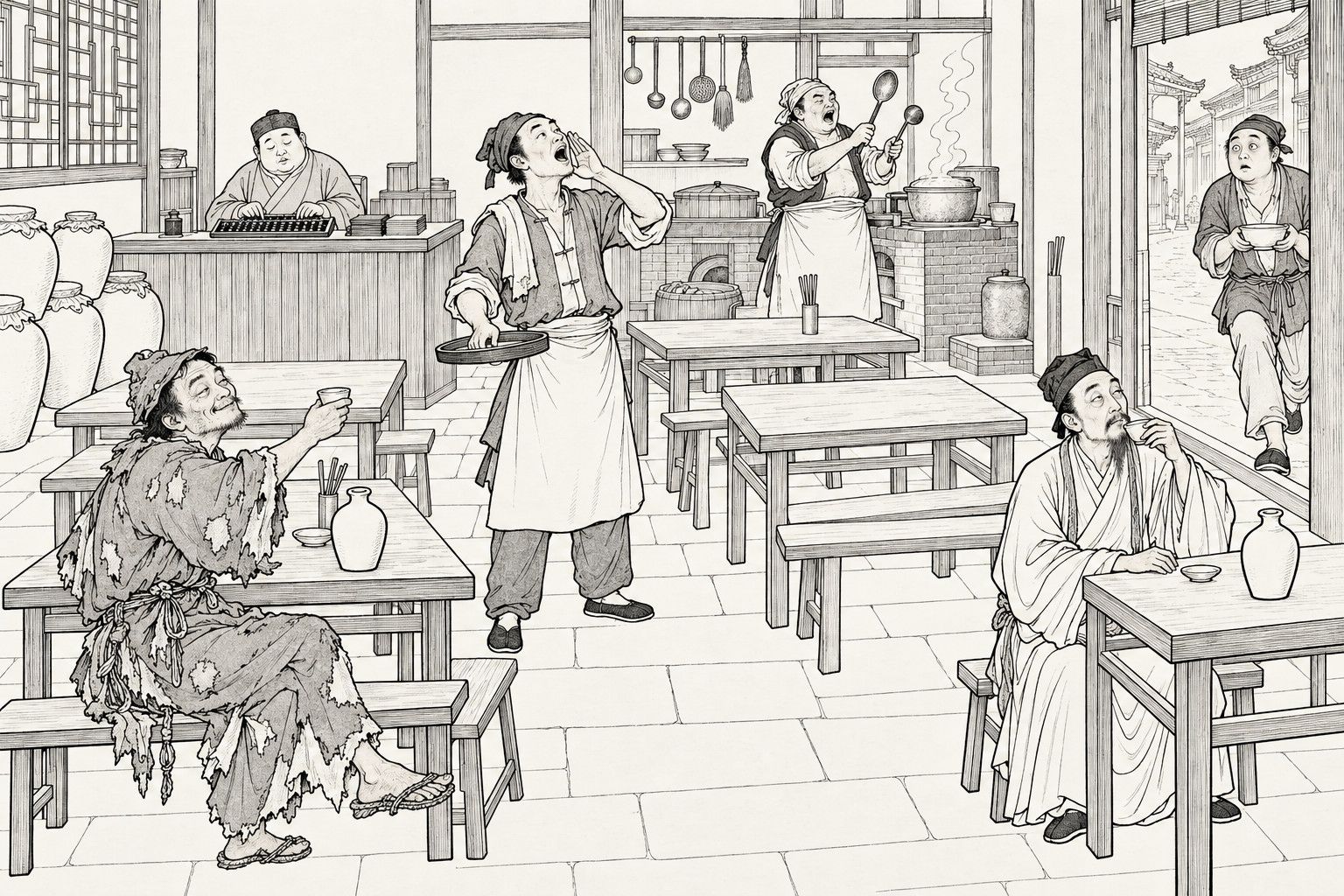 仿清末石印本的线描:有酒坛、算盘柜台和灶台的酒馆里,左边桌旁的破衣僧满足地微笑着举起酒杯;肩搭毛巾的伙计一手拢在嘴边高声唱菜;灶边厨子把两把长勺敲在一起;胖老板在柜台后拨着算盘;右边一位文士端着杯子啜饮,一个双手捧着碗的人直瞪着眼睛从门口走进来。