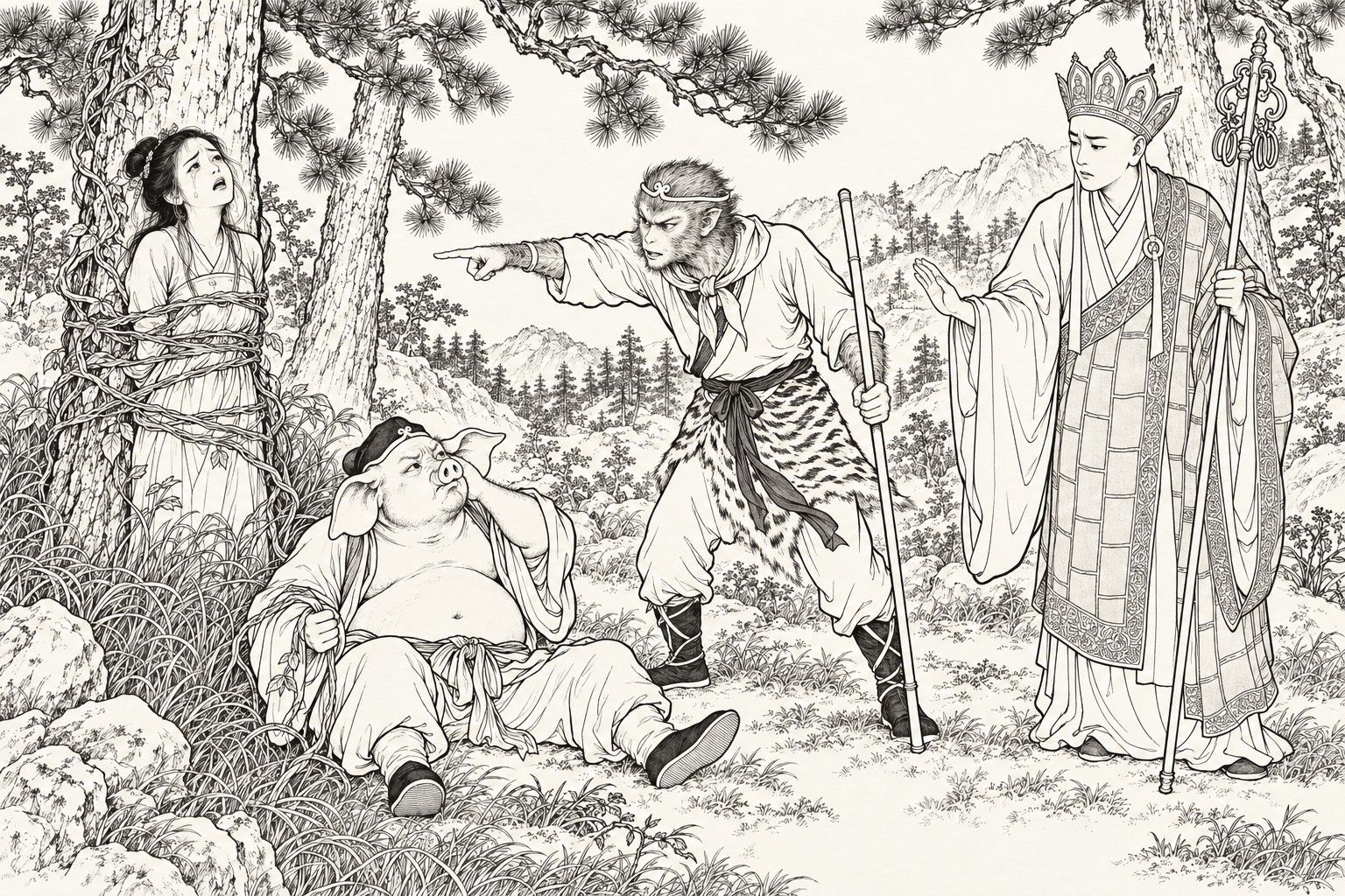 仿清末石印本的線描：疏朗的松林裡，一名含淚的年輕女子被藤條縛在樹幹上；豬八戒摔坐在地，一手捂著額頭，一手還抓著藤條；孫悟空手握鐵棒，神色嚴厲地指著那女子；戴冠披袈裟、拄著錫杖的唐僧站在一旁，抬手喝止。