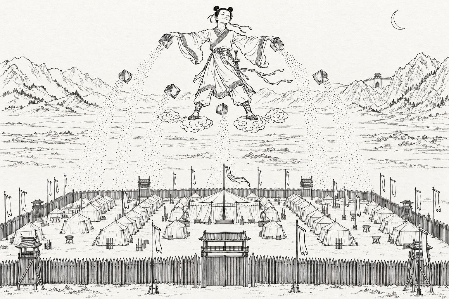 A line drawing in the manner of a late-Qing lithographed edition: above a silent army camp with tents, palisade and limp blank banners, the slim young Daoist Yu De, with two top-knots and a sword at his hip, stands with his feet on two small clouds and his arms spread, tipping out two square measures while three more hang tilted in the air, each pouring a trail of fine dots down toward the camp; a thin crescent moon hangs at the upper right and mountains lie in the distance.