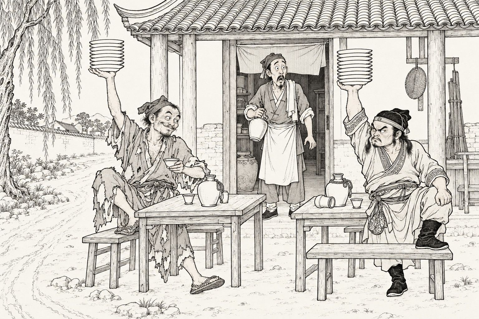 A line drawing in the manner of a late-Qing lithographed edition: outside a roadside wine shop with a tiled roof, a willow and a wall, a ragged monk at a table at the left holds a stack of plates high in one hand and a cup in the other, glancing sideways with a sly grin; at the next table a short, fierce man in a headband copies him, holding his own stack of plates up with a stern face; a waiter with a towel over his shoulder and a wine jug stands in the doorway with his mouth open.