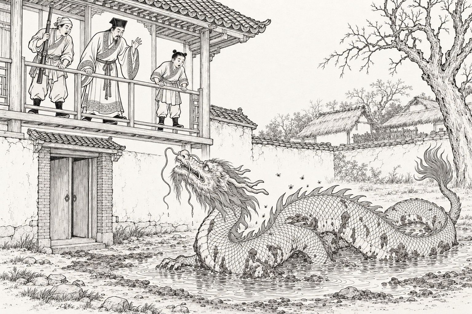 仿清末石印本的線描：白晝，鄉紳宅門外的淺水窪裡，一條滿身泥塗的墮龍盤身昂首，背上有蒼蠅飛繞；樓上廊邊，一位頭戴方巾的有須鄉紳、一名手持火銃的家僕和一個梳雙髻的幼童探身俯看，神情驚奇，遠處有枯樹、矮牆和茅屋。