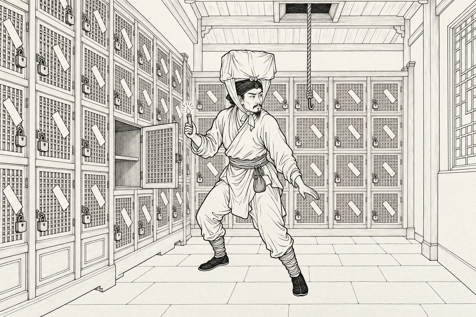 A line drawing in the manner of a late-Qing lithographed edition: in a storehouse lined with rows of small locked cabinet doors, Zhi Hua in a short night-walker's jacket, sash and leg wraps holds up a tiny flame in one hand; behind him one cabinet door stands open, a cloth-wrapped box is tied on top of his head under the chin, and a rope hangs from a square opening in the ceiling.