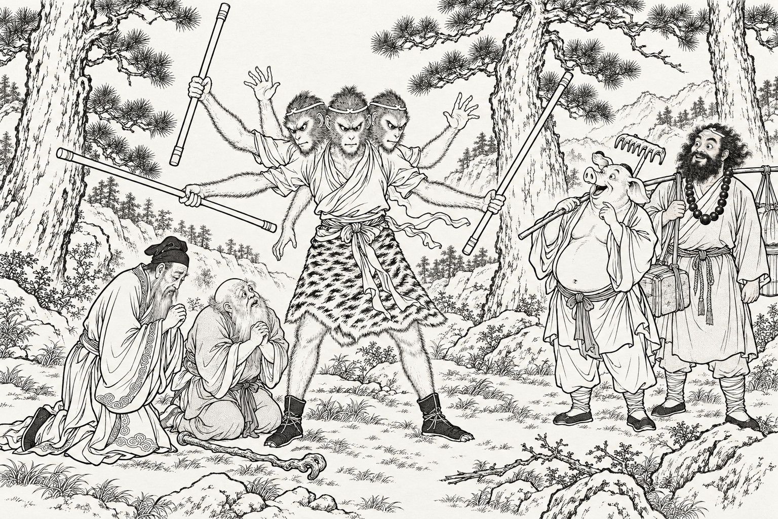 A line drawing in the manner of a late-Qing lithographed edition: in a black pine forest, Sun Wukong stands in his three-headed, six-armed battle shape, three of his hands gripping iron staffs, while the mountain spirit and the earth spirit kneel at his feet with hands clasped; Zhu Bajie and Sha Wujing stand to one side, watching in amazement.