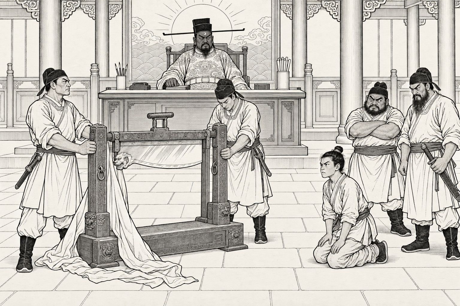 A line drawing in the manner of a late-Qing lithographed edition: In a yamen courtroom by day, a stern, dark-faced magistrate in a winged official hat sits behind his desk before a screen of waves and a rising sun, while two guards stand at a carved bronze guillotine with its cloth slipping to the floor, a young boy kneels tensely before it, and two more guards, one bearded with a hand on his sword and one with folded arms, stand watching behind him.