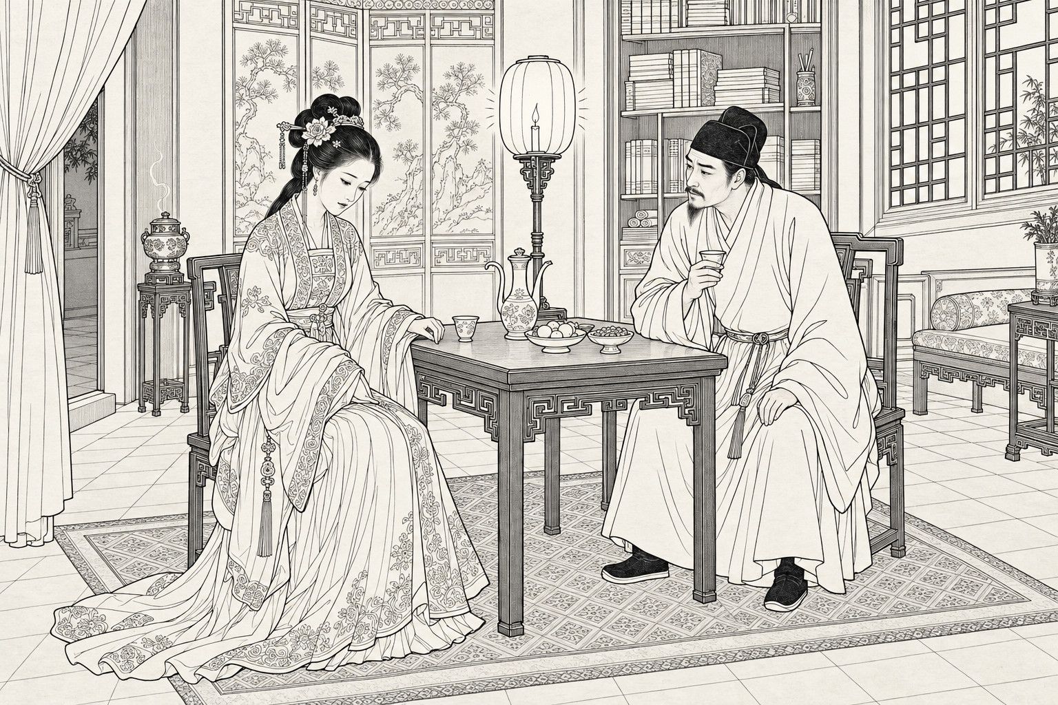 A line drawing in the manner of a late-Qing lithographed edition: at night in a study, a palace-robed young woman with a flowered hairpin sits at a small table with her head bowed and one hand resting on its edge, about to sing; across from her a scholar holds a wine cup and watches with pity; a lantern, wine pot and fruit dishes stand on the table.