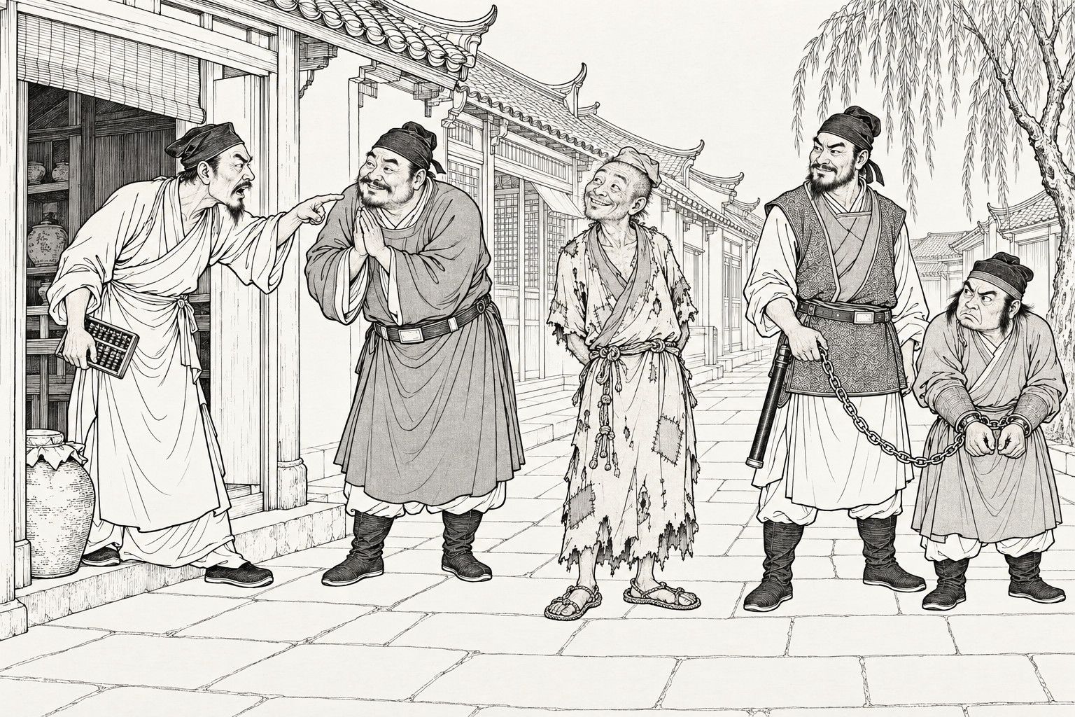 A line drawing in the manner of a late-Qing lithographed edition: on a street of tiled shops with willows, a lean wine-shop owner in an apron, holding an abacus, leans out of his doorway pointing at a ragged monk who stands with his hands behind his back and a delighted, innocent smile; a stout constable beside him presses his palms together in entreaty; a second constable in a patterned vest holds the chain of a short, scowling prisoner whose wrists are shackled.