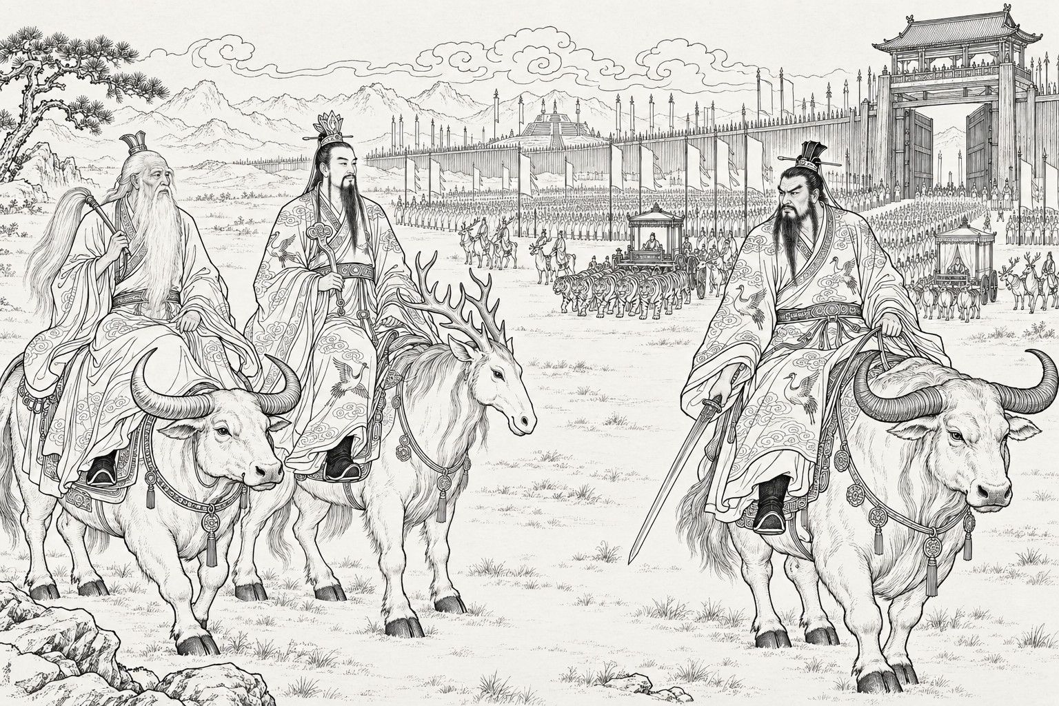 A line drawing in the manner of a late-Qing lithographed edition: on the plain before the gate of the great formation, Laozi on his ox, with a horsetail whisk over his shoulder, and Yuanshi on an antlered beast, holding a jade ruyi, ride side by side at the left; at the right Tongtian, the Sect Master, in a crane-patterned robe rides out on his horned ox with a sword pointing down, scowling; behind him ranks of tiny faceless disciples, banners, deer riders, a carriage drawn by tigers and a curtained carriage fill the ground before the gate tower.