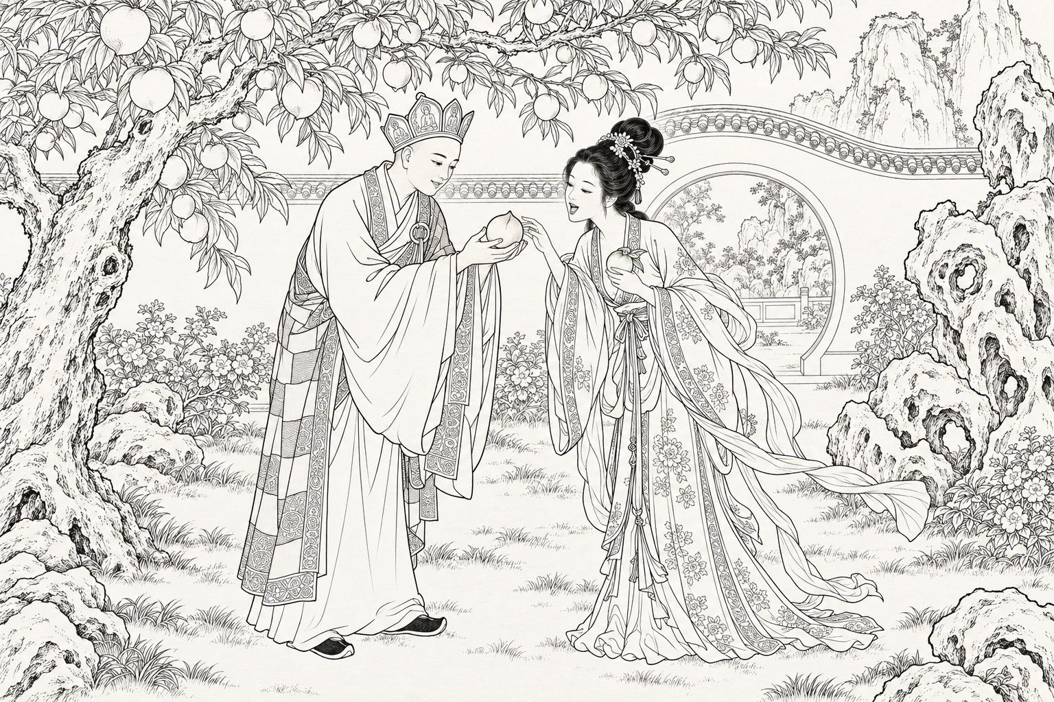 A line drawing in the manner of a late-Qing lithographed edition: In a walled peach garden by day, a young monk in a crown and patchwork robe offers a ripe peach in both hands to a young woman with a high hairpinned bun and flowing scarves; she holds a green peach in one hand and reaches for his with the other, smiling, beneath a fruit-laden peach tree with a round moon gate, garden rocks and flowering bushes behind them.