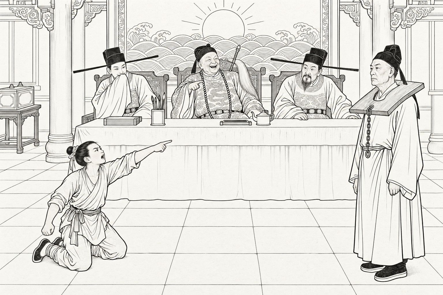 A line drawing in the manner of a late-Qing lithographed edition: at a court hearing, the young Ai Hu kneels in the foreground and points across the hall, shouting, while the eunuch Chen Lin laughs behind the long table, a young official beside him hides his smile behind his sleeve, a third official sits at the table, and a man in a wooden cangue stands stiffly at the right.