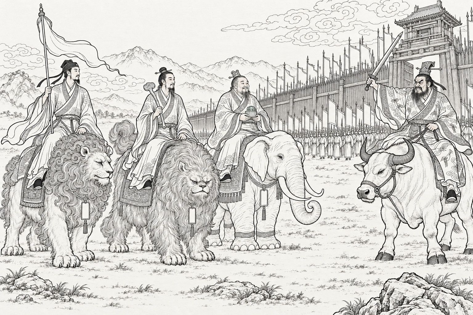 A line drawing in the manner of a late-Qing lithographed edition: before the gate of a vast stockaded formation, three calm Daoists ride side by side on a curly-maned lion, a shaggy flat-faced beast and a tusked elephant, each beast with a small blank plaque at its neck, while at the right Tongtian sits on his bare-necked ox with his sword raised and a furious face, the ranks of his host standing tiny behind him.