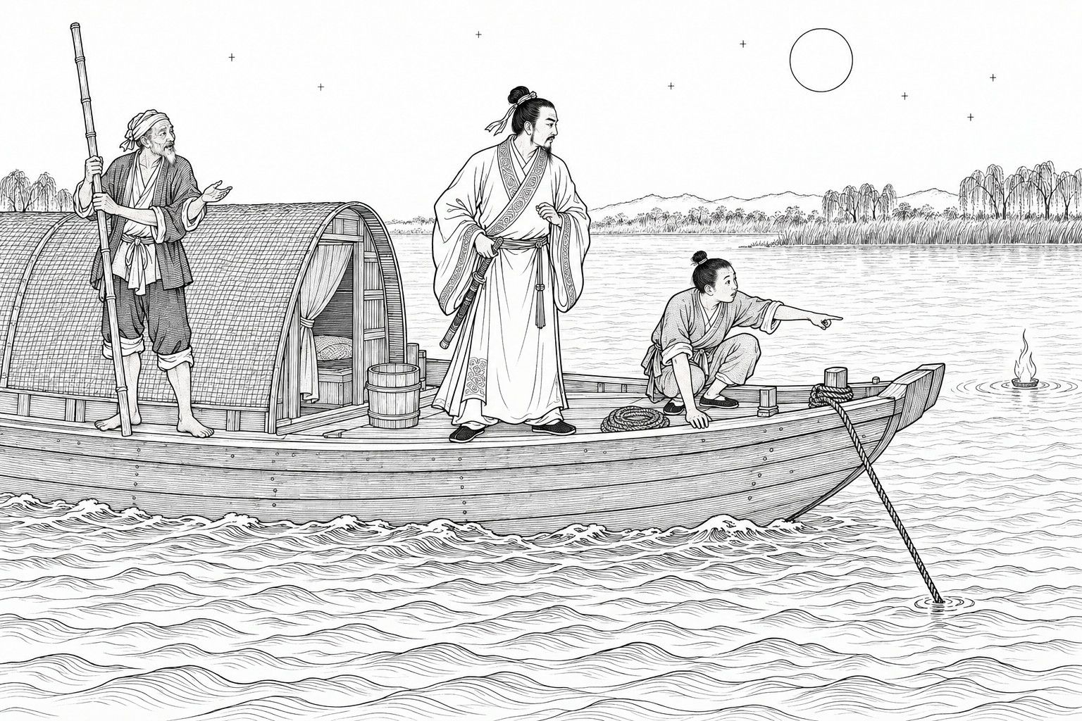 A line drawing in the manner of a late-Qing lithographed edition: on a moonlit night a travelling boat lies moored in the middle of a wide river, a sword-bearing scholar in a wide-sleeved gown stands on the foredeck watching a small flame on the water, a young servant boy crouches at the gunwale pointing at it, and an old boatman at the stern leans on a long bamboo pole and speaks calmly, with a reed-matting cabin roof, coiled rope, a bucket, far-shore reeds and willows, a thin moon and scattered stars.