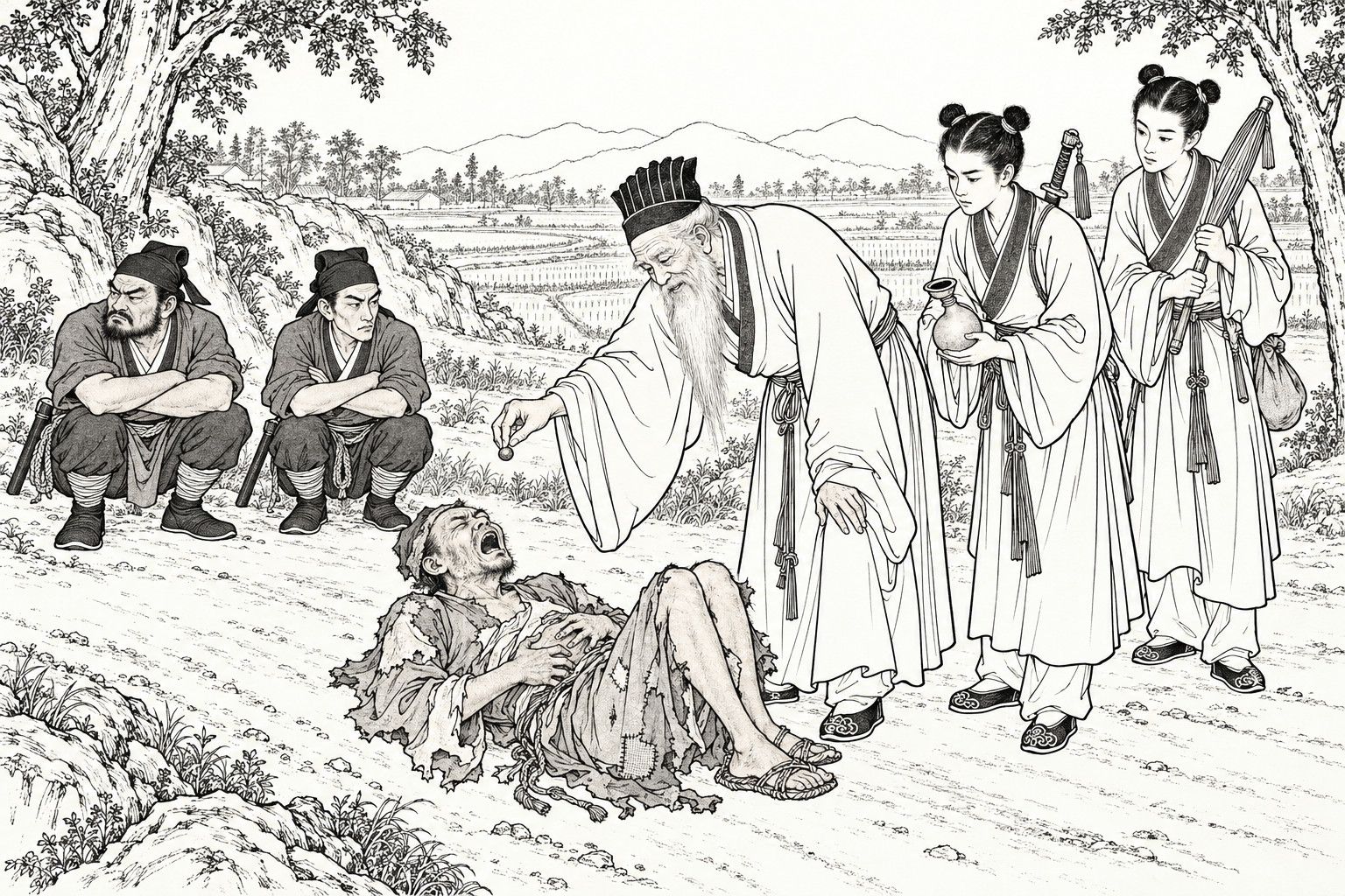 A line drawing in the manner of a late-Qing lithographed edition: on a country road with rice fields and hills behind, a ragged monk lies on his back writhing with both hands on his belly and his mouth wide open, while an old Daoist with a long white beard and a tall cap stoops over him and holds a small round pill above his mouth; two young Daoist attendants with hair in buns stand at the right, one holding an open gourd, the other with a sword on his back, an umbrella and a bundle; two constables with clubs squat at the left with folded arms and scowls.