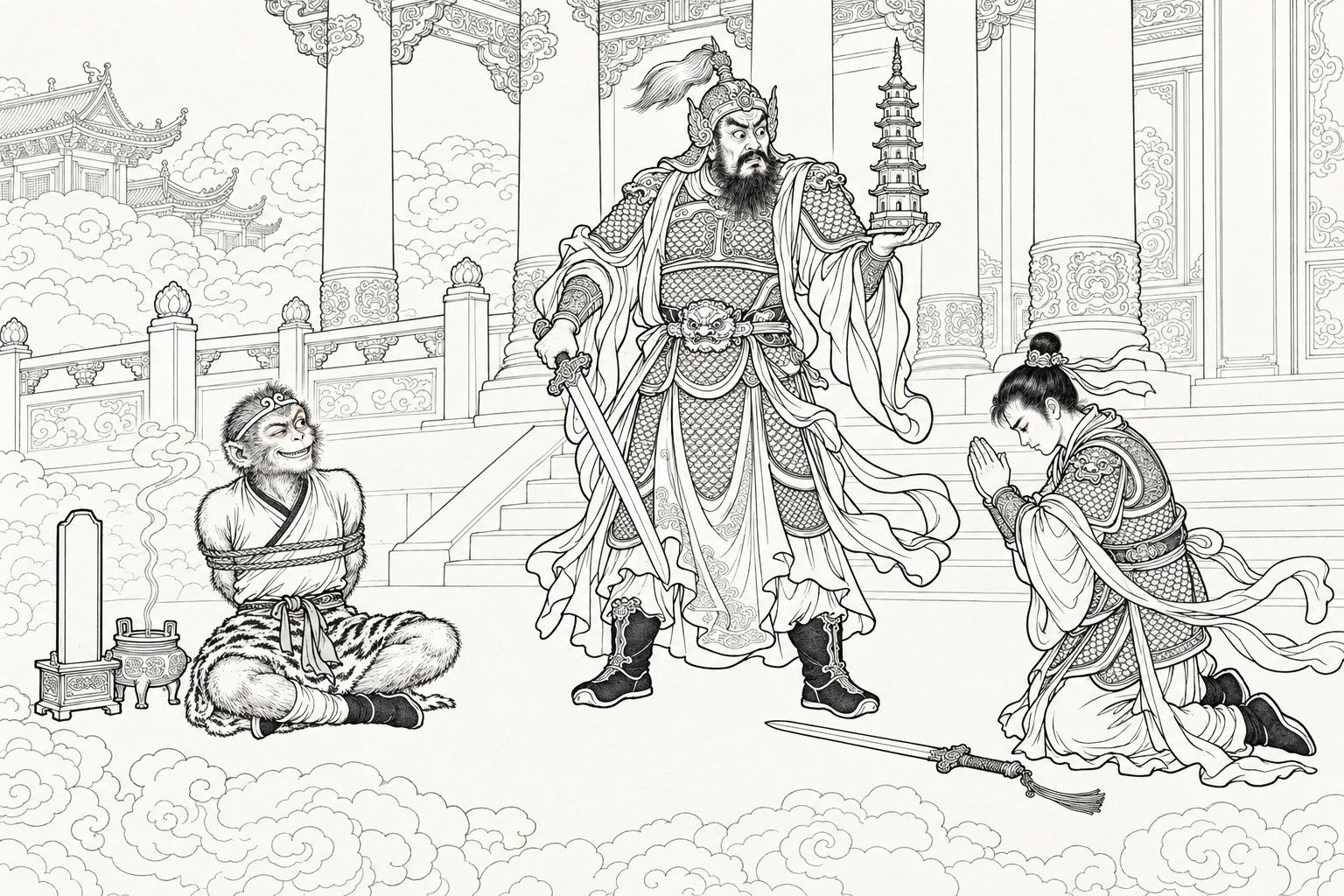 A line drawing in the manner of a late-Qing lithographed edition: before a heavenly palace hall among clouds, the armoured Heavenly King lowers his sword and holds a pagoda on his open palm, a young warrior kneels at his side with hands pressed together, and Sun Wukong, roped, sits cross-legged and grinning beside a blank spirit tablet and an incense burner.