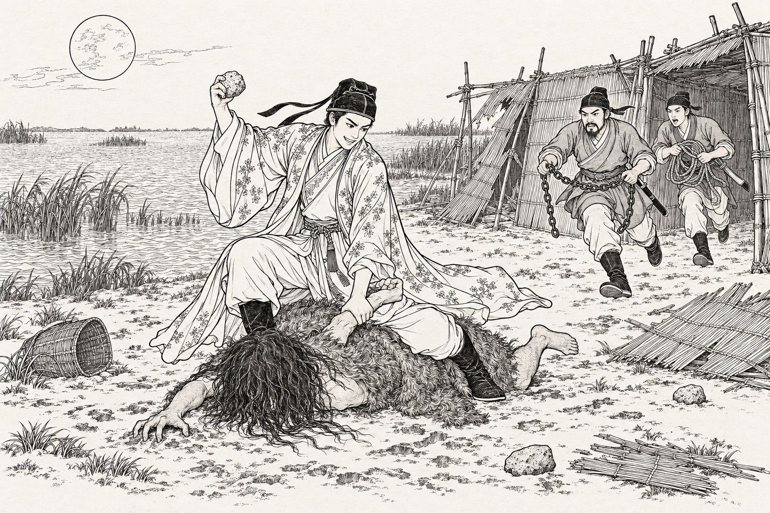 仿清末石印本的線描:滿月下的蘆葦湖岸,穿繡花長袍的白玉堂一膝壓在披著亂髮、裹著毛皮套的怪人背上,一手擰著他的胳膊,一手舉著石塊;兩名戴帽的差役從竹棚裡衝出來,一個拿鐵鏈,一個拿繩子。