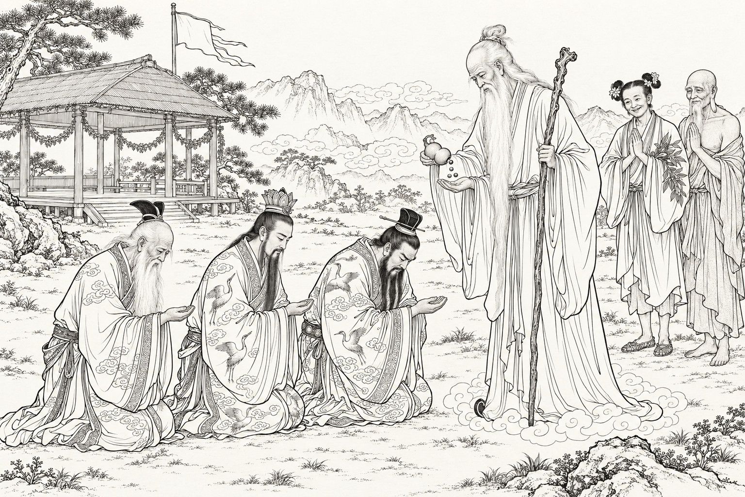 A line drawing in the manner of a late-Qing lithographed edition: on open ground before a reed-roofed pavilion hung with garlands, the very old white-haired Hongjun, standing on a few curls of cloud with a bamboo staff, tips three pills from a gourd into his palm while Laozi, Yuanshi and Tongtian kneel in a row with bowed heads and open right hands; behind him at the right Jieyin and Zhunti stand with their palms together.