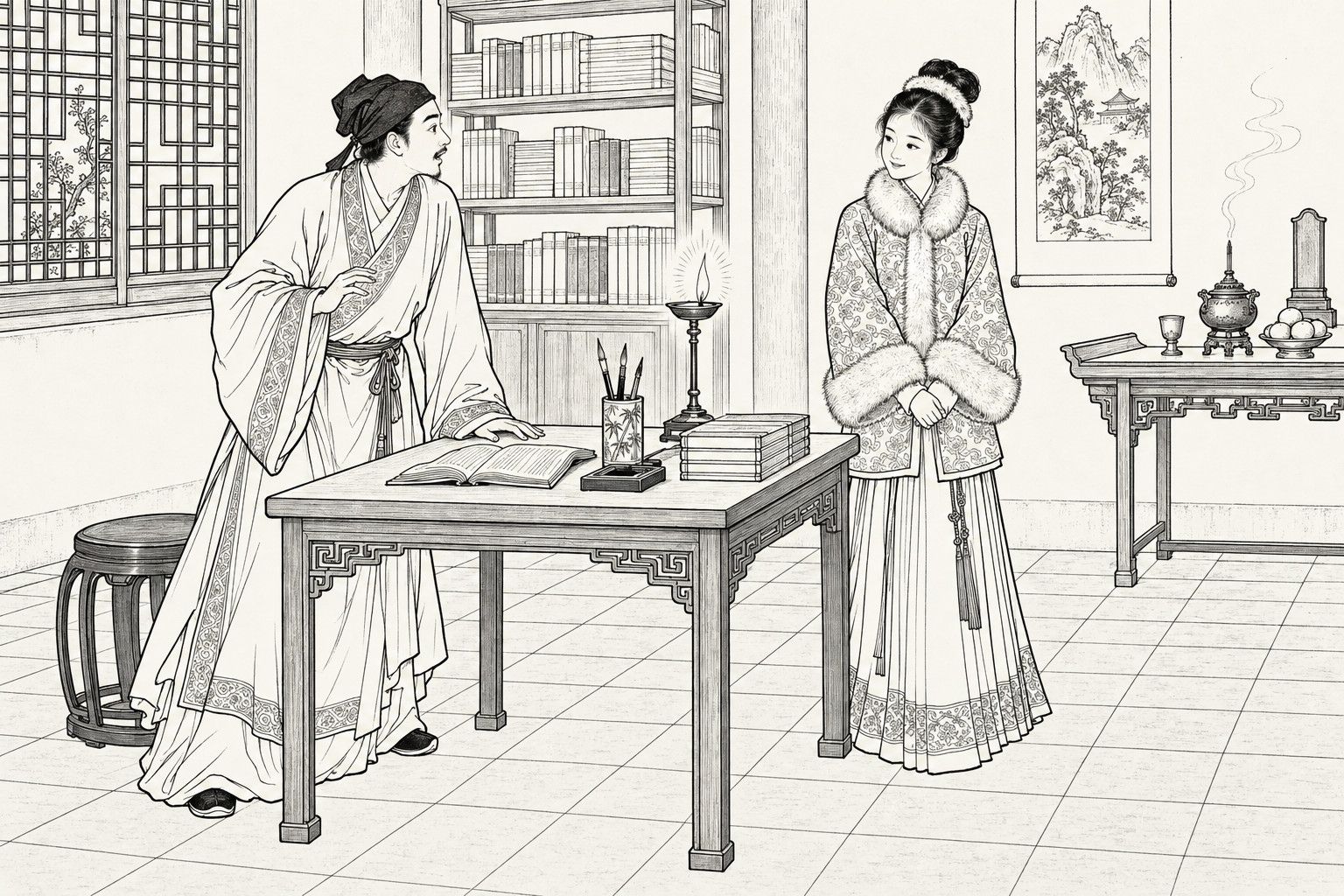 A line drawing in the manner of a late-Qing lithographed edition: at night in a temple study room, a young scholar leans on his desk beside a lamp and speaks in surprised delight to a smiling girl in a fur-collared brocade jacket and pleated skirt, who stands with her hands joined, with a bookshelf, lattice window, hanging scroll and an offering table with an incense burner behind them.