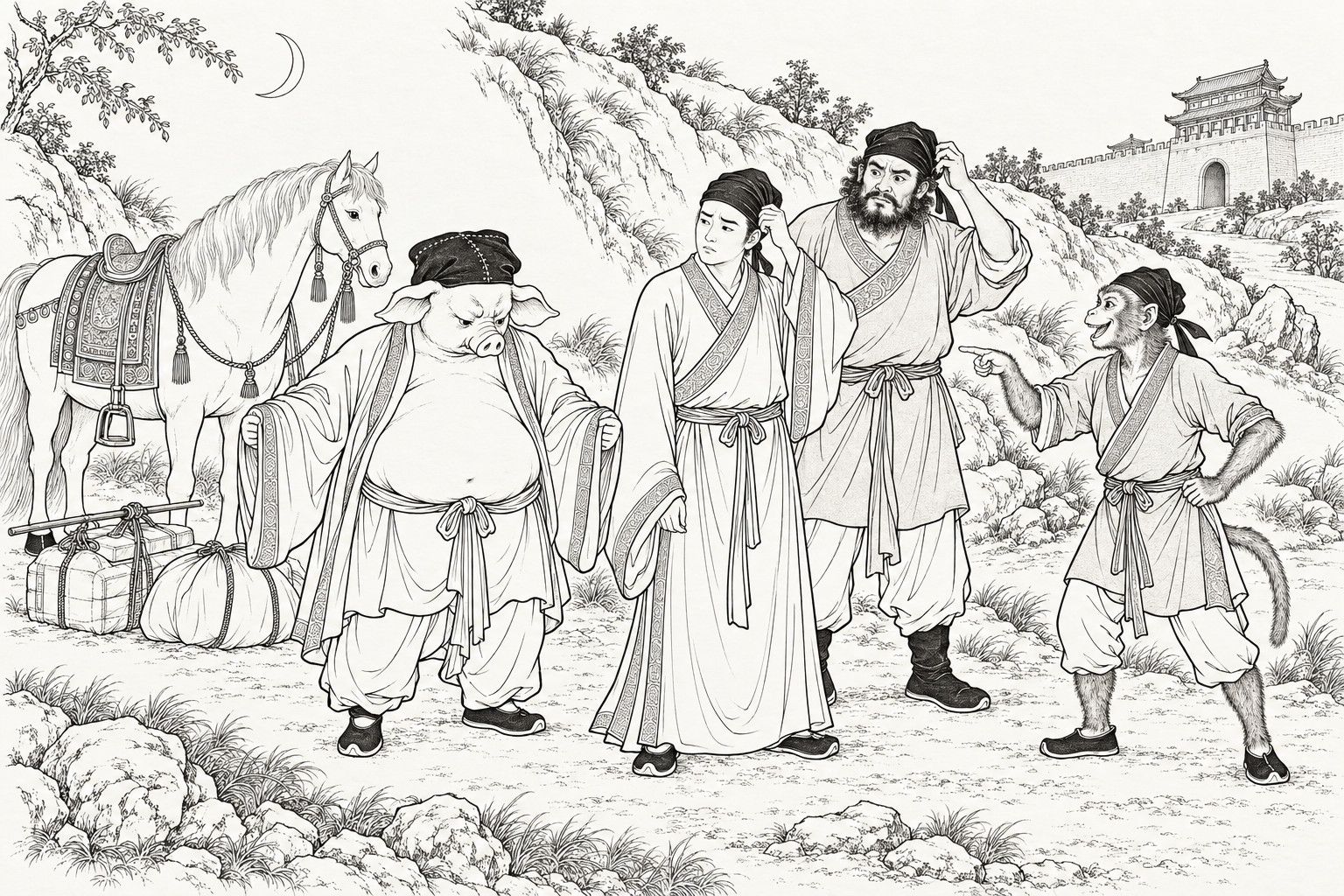 A line drawing in the manner of a late-Qing lithographed edition: on a hillside path under a crescent moon, the four pilgrims stand in borrowed lay clothes and black head-cloths, the pig with a stitched cloth perched on his big head and the monk tugging unhappily at his own, while the monkey points at them, laughing; the white horse and the luggage stand behind, and a city wall rises in the distance.