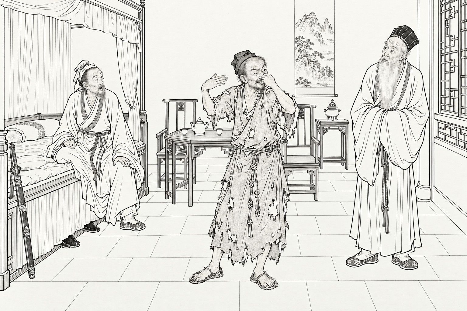 A line drawing in the manner of a late-Qing lithographed edition: in a guest room with a curtained bed, a landscape scroll and a lattice window, a ragged monk stands in the middle pinching his nose with one hand and fanning the air with the other; a Daoist in a head-cloth sits on the edge of the bed looking at him in astonishment, and the toes of two pairs of boots show under the bed; at the right a tall Daoist with a long silver beard and a tall cap stands with his hands in his sleeves, also staring at the monk; a sword leans by the bed.