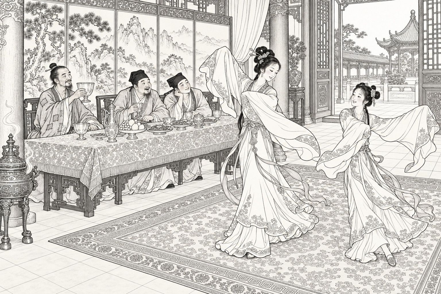 A line drawing in the manner of a late-Qing lithographed edition: At midday in the splendid hall of a temple, a patched-robed Daoist raises a large glass cup at a banquet table beside two flushed gentleman guests, while two young women in long flowing sleeves dance facing each other on a patterned carpet, with a landscape screen, a bronze incense burner and an open door onto a pavilion courtyard around them.