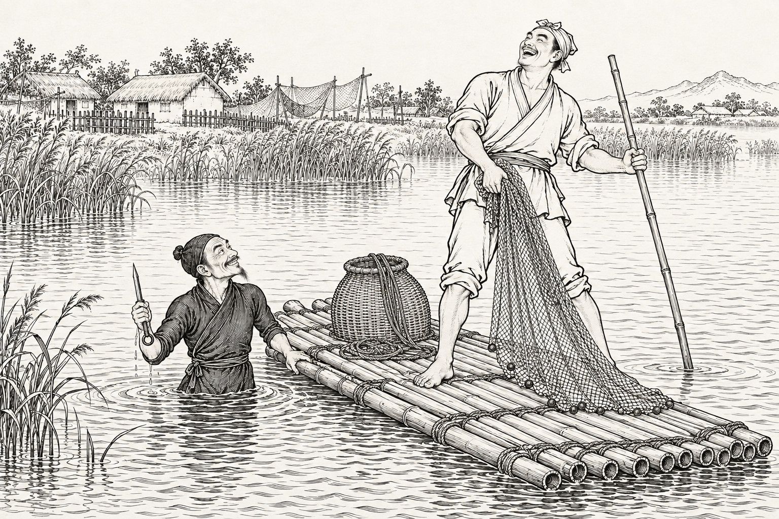 A line drawing in the manner of a late-Qing lithographed edition: on a reedy lake, the lean Jiang Ping stands waist-deep in the water in a close-fitting dark jacket, one hand on a bamboo raft and the other holding up a short steel spike, and smiles up at Mao Xiu, who stands barefoot on the raft with a net in one hand and a pole in the other, laughing with his head thrown back; a basket and rope lie on the raft and thatched cottages stand beyond the reeds.