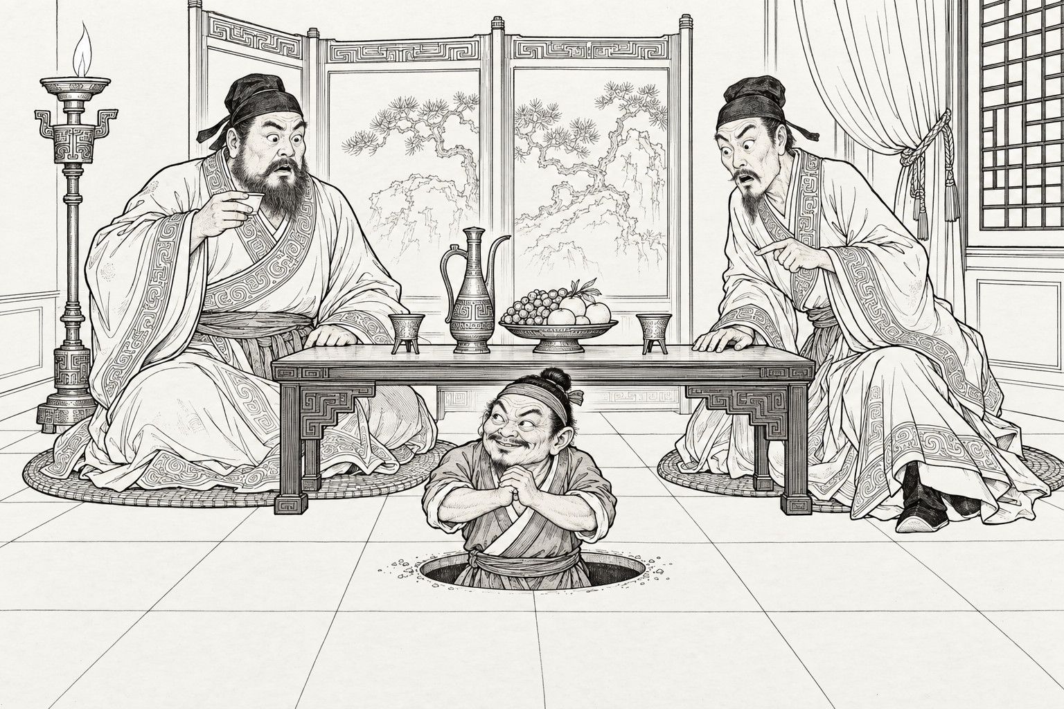 A line drawing in the manner of a late-Qing lithographed edition: in a lamplit inner room, the stout bearded Deng Kun on the left, with a wine cup halfway to his lips, and the lean Rui Ji on the right, half risen with one hand on the low table and the other pointing, stare in alarm at the very short Tu Xingsun, who has risen to his waist through a hole in the floor tiles and bows to them with his hands joined and a sly grin; a wine ewer, fruit dish, lamp stand, screen and curtain stand around them.