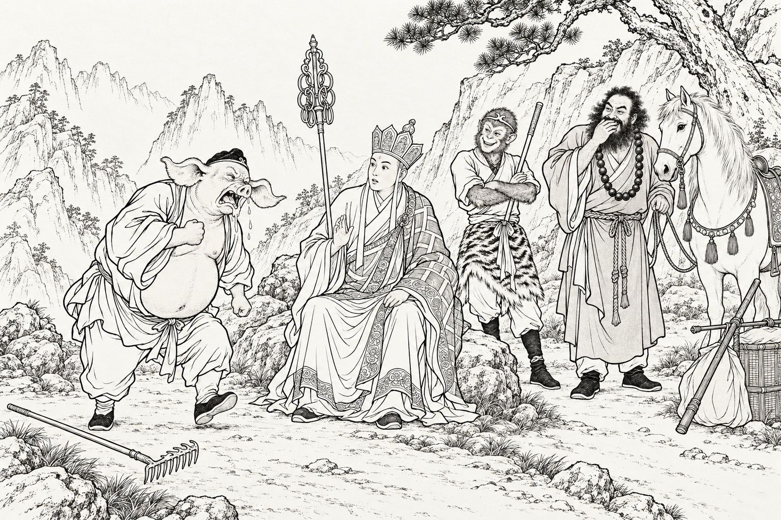 A line drawing in the manner of a late-Qing lithographed edition: on a rocky mountain road by day, a pig-headed pilgrim bends forward wailing and beating his chest with his rake thrown down, while a seated crowned monk with a ringed staff stares in astonishment, a monkey in a tiger-skin kilt stands behind him with folded arms grinning, and a bearded companion holding a white horse covers his mouth to hide his laughter, with an old pine and distant peaks behind.