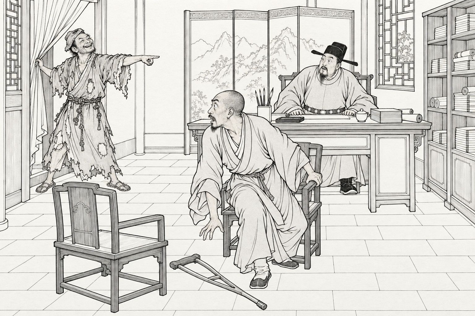 A line drawing in the manner of a late-Qing lithographed edition: in an official's study with a landscape screen, a bookshelf and a desk holding a brush pot, an inkstone and a stack of papers, a bald man in a plain robe, half risen from a chair with one hand on its arm and a crutch fallen on the floor, looks back in alarm; at the left a ragged monk flings aside the door curtain and points at him with a broad grin; behind the desk an official in a black cap stares in astonishment; an empty chair stands in front.