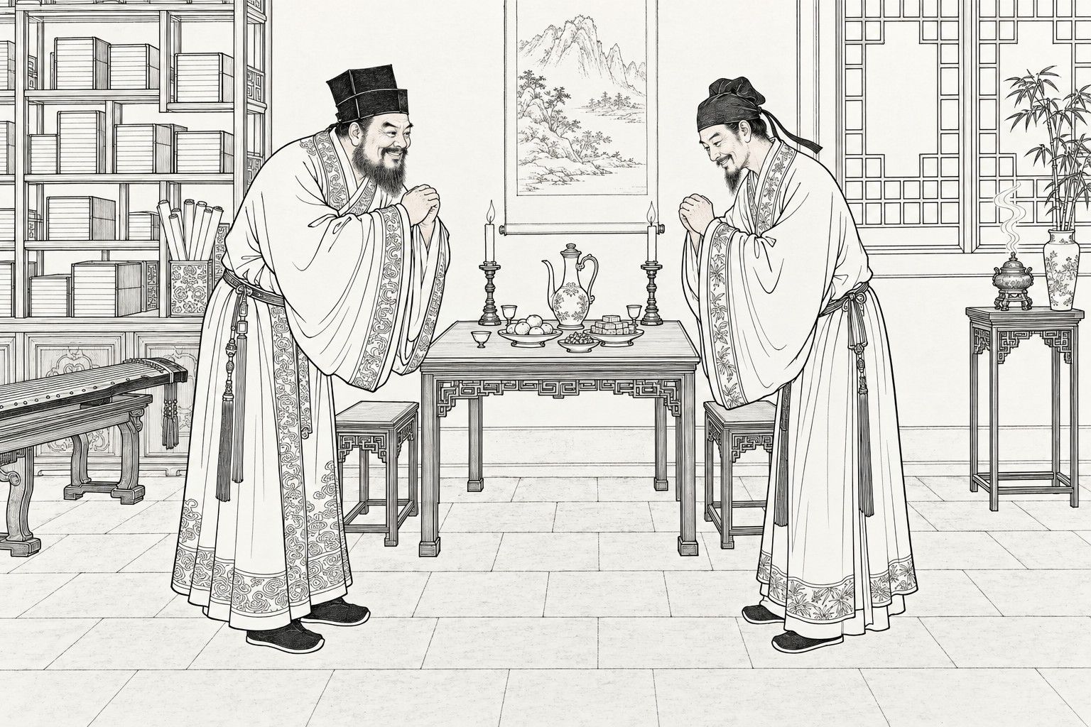 A line drawing in the manner of a late-Qing lithographed edition: In an old gentleman's study by day, a stout bearded host and a lean scholar in Ming-style robes face each other across a square table set with a wine pot, cups, fruit and a pair of candlesticks, each bowing with hands clasped and smiling, with bookshelves, a zither, a hanging landscape scroll, a lattice window, a bamboo vase and an incense burner behind them.