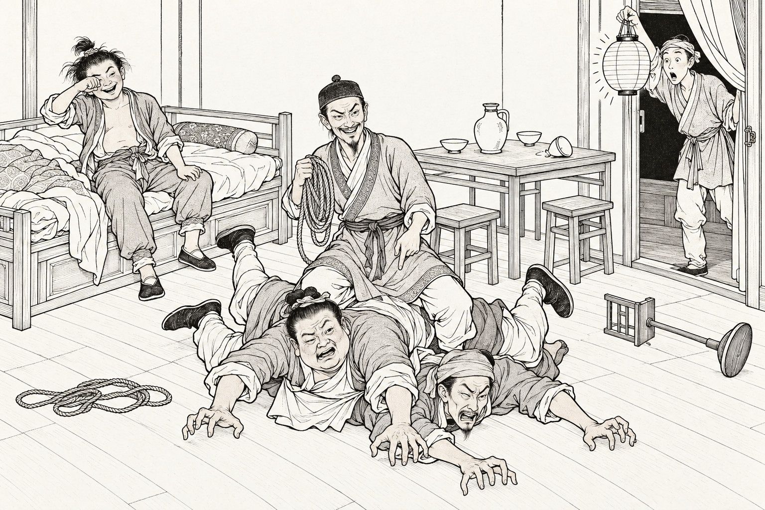A line drawing in the manner of a late-Qing lithographed edition: in an inn room, the smiling Jiang Ping sits on the backs of two men sprawled face down on the floor and holds a coil of rope, the drunken Ai Hu sits up on the bed rubbing his eye with his clothes open, and a young servant in the doorway holds up a paper lantern with a startled look; a table with a wine jug and bowls, a spilled lamp stand and a coil of rope lie about.