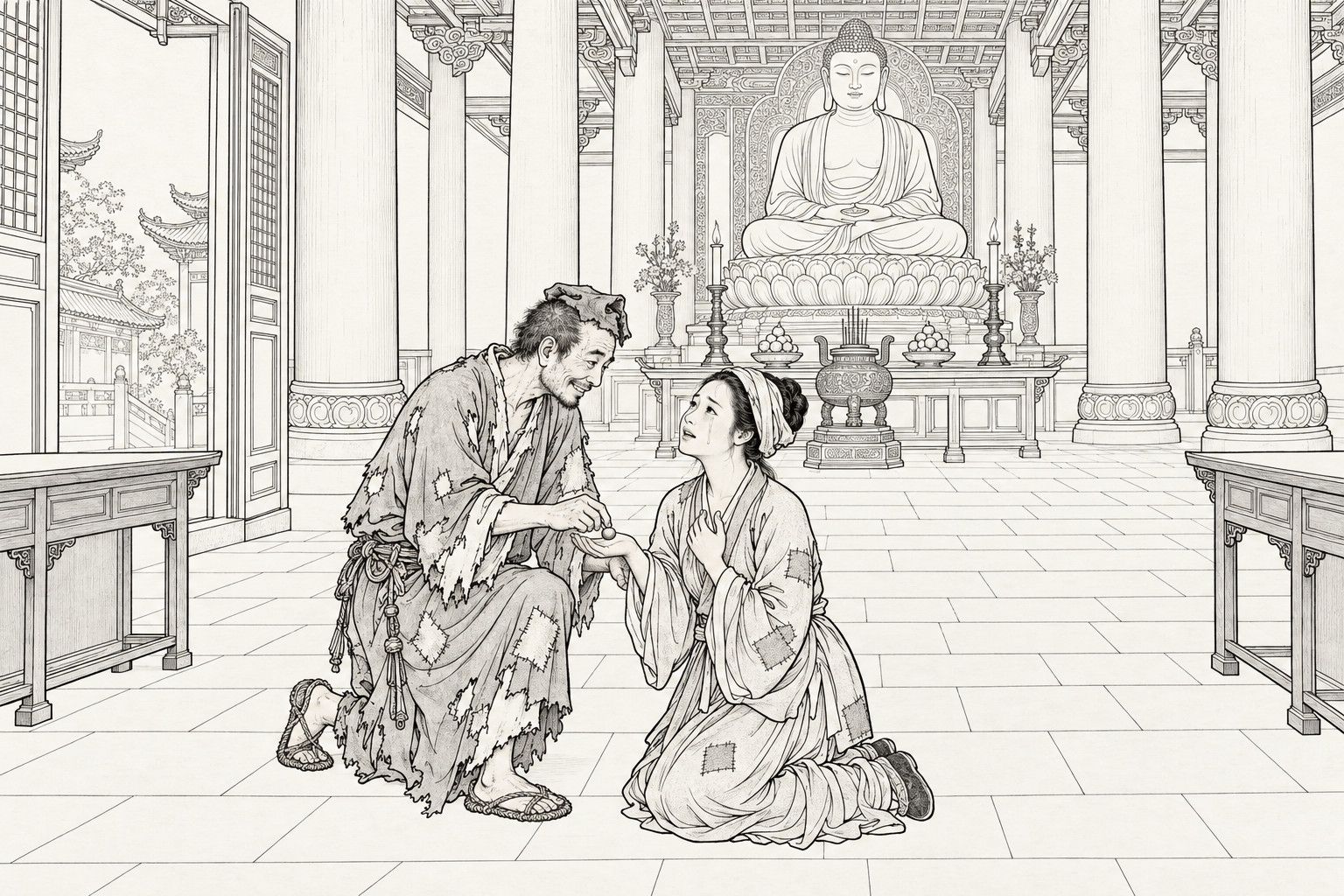 仿清末石印本的线描:大寺殿堂里,背后莲花座上坐着一尊佛像,供桌上有烛台、香炉和供果;破衣僧单膝跪地,把一粒小药丸放到一位年轻贫妇张开的手里;她穿着打补丁的衣裙、包着头巾,跪在他面前,仰着脸,脸上有泪,一手按在胸口。