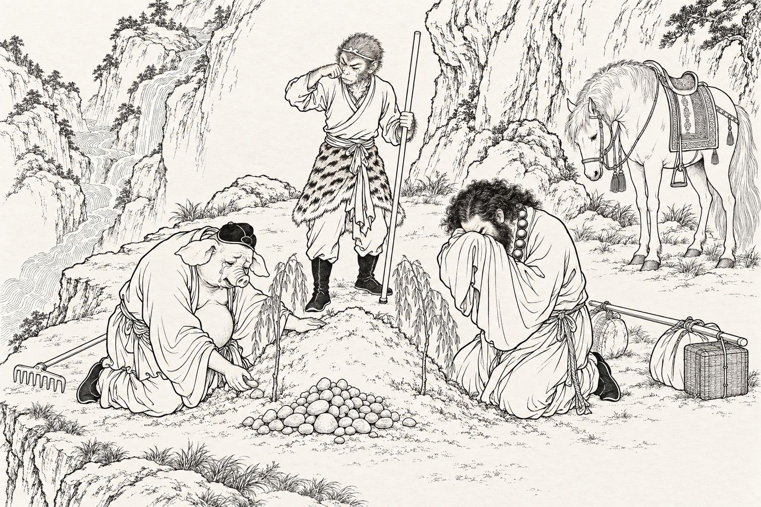 A line drawing in the manner of a late-Qing lithographed edition: on a sunlit mountain ledge by day, a pig-headed pilgrim kneels weeping and pats a small earth mound set with two willow branches and a heap of pebbles, a bearded pilgrim kneels beside it with his face buried in his sleeve, a monkey-faced pilgrim in a tiger-skin kilt stands behind it with an iron staff and wipes his eyes, and a saddled white horse stands with lowered head near cliffs and a mountain stream.