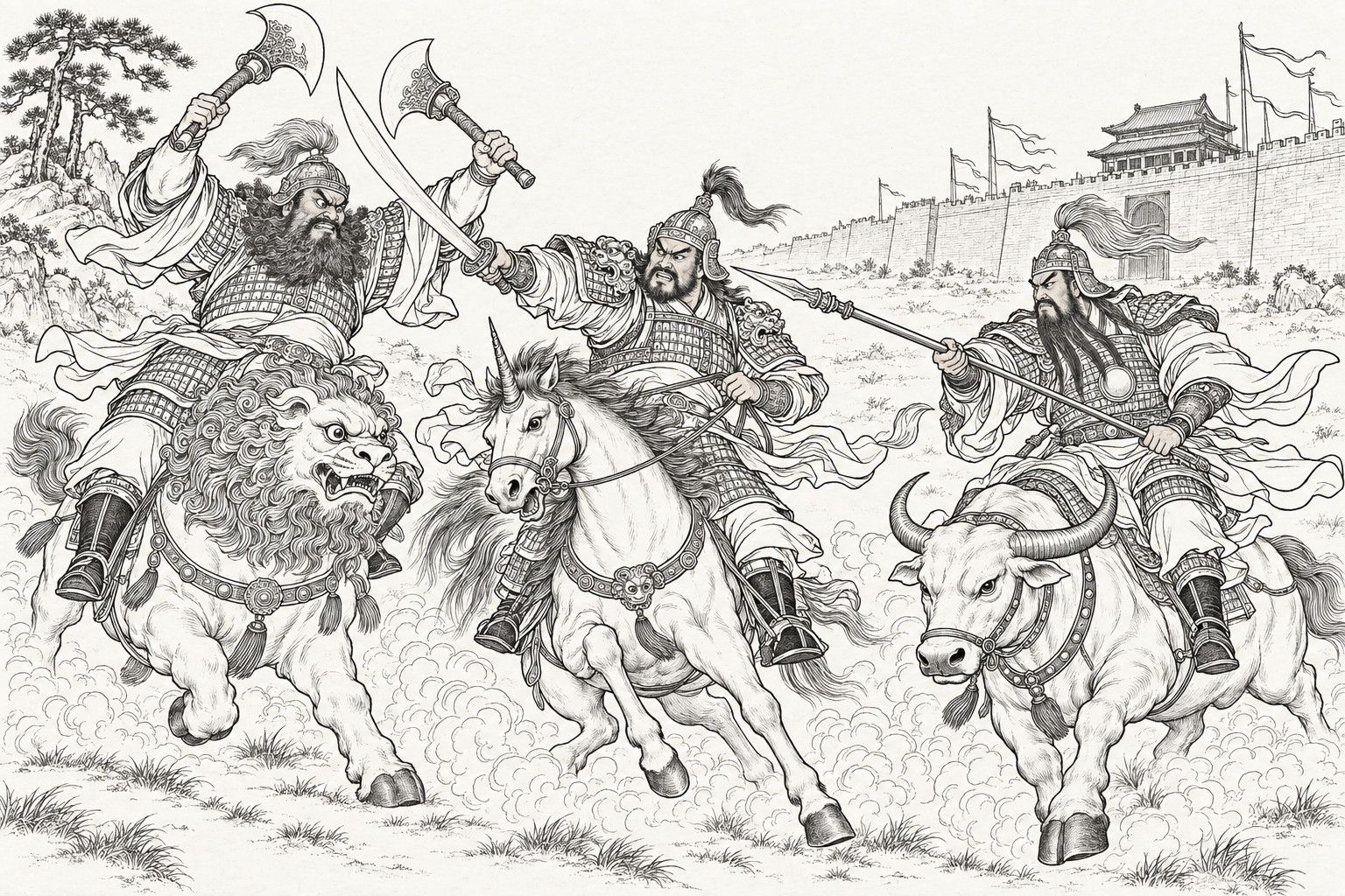 仿清末石印本的線描:澠池城下,總兵張奎騎獨角馬高舉彎刀,左有崇黑虎騎獅頭猛獸、雙舉板斧,右有黃飛虎騎大牛、端著長槍。