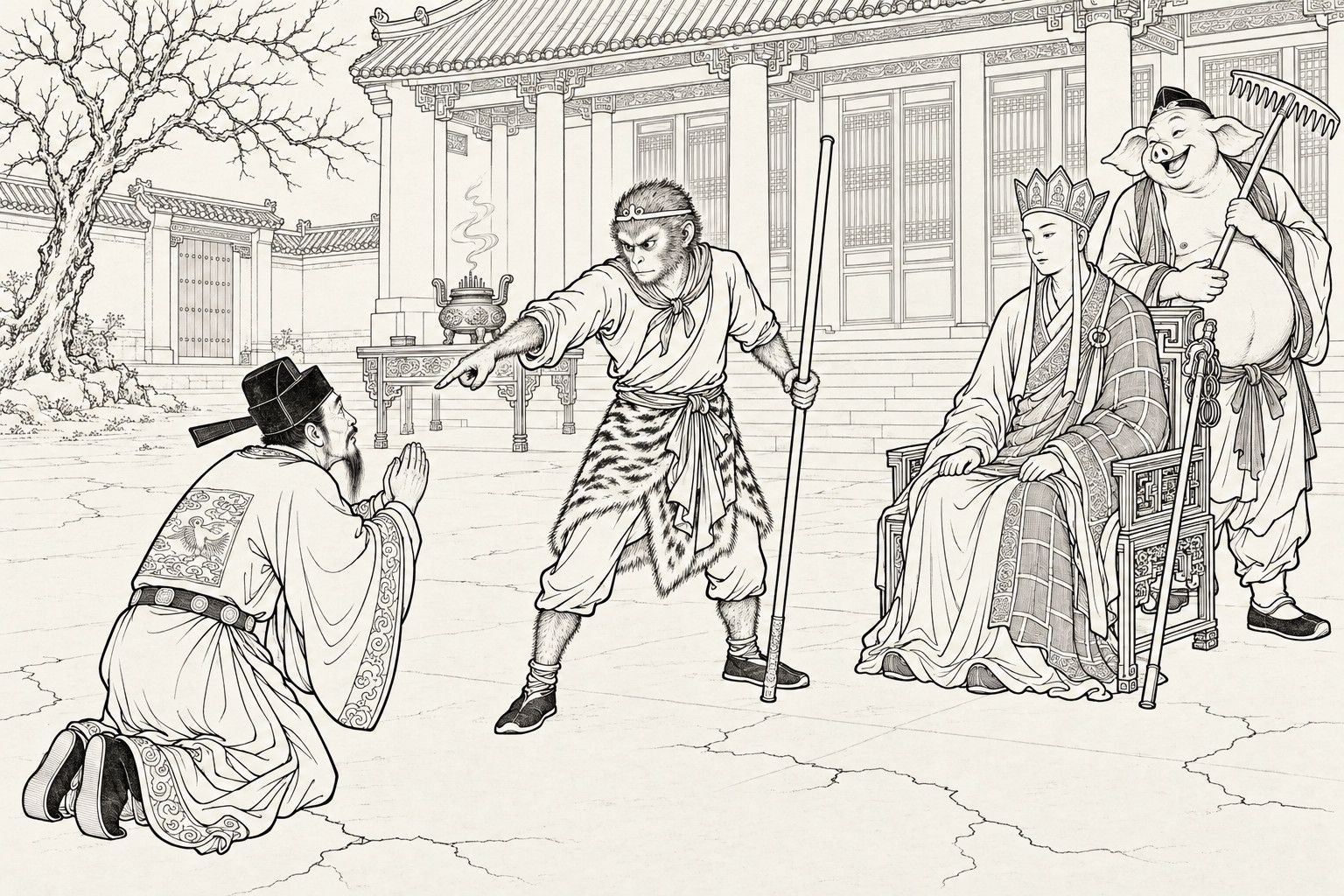 A line drawing in the manner of a late-Qing lithographed edition: in the cracked courtyard of a prefect's residence, Sun Wukong points sternly at the prefect, who kneels in an official's hat and robe with his hands pressed together; Tang Sanzang sits calmly on a carved chair while Zhu Bajie stands behind it, grinning, with his rake on his shoulder.