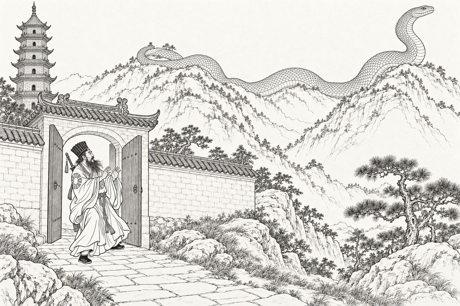 仿清末石印本的線描：拂曉，一所有圍牆的道觀敞開的後門，背後是一座高大的磚塔；一位戴高冠、穿八卦紋道袍的瘦削老道士驚恐地後退，雙手舉起，張著嘴，仰望著橫臥在兩座山峰之間山脊上的一條巨大鱗蛇——蛇頭昂起在右邊山峰上，尾巴盤在左邊山峰上；前景有松樹和岩石。