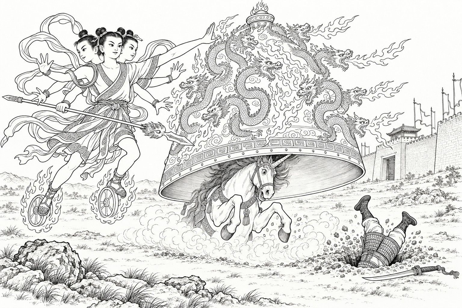 A line drawing in the manner of a late-Qing lithographed edition: Nezha, three-headed and eight-armed, rides his wind-fire wheels and holds up the Nine-Dragon Fire Cover, a great bell-shaped cover coiled with nine fire-breathing dragons, which comes down over a one-horned horse while its rider, Zhang Kui, dives headfirst into the ground, his legs sticking out and his saber lying beside him.