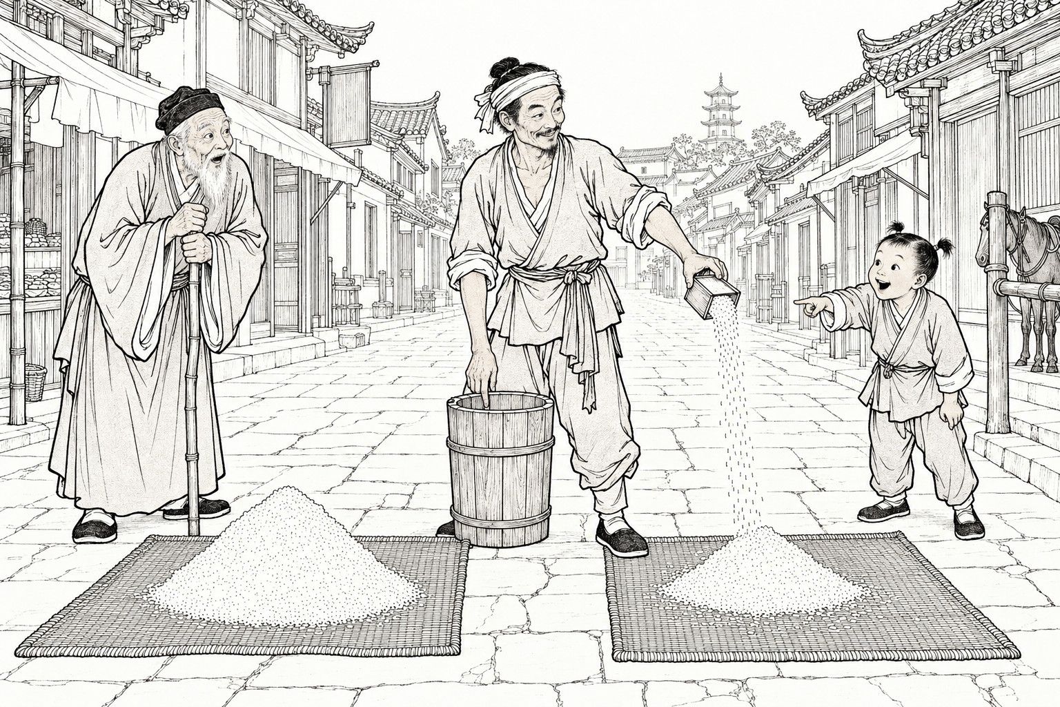 仿清末石印本的線描:白天市鎮街道上,一名含笑的街頭藝人立在兩張草蓆之間、小木桶旁,從小木升裡向席上傾倒白米,米堆漸高;一位拄杖的白鬚老者和一個指著米流的歡喜小童在旁驚看,身後是店鋪、招牌和遠處的小塔。
