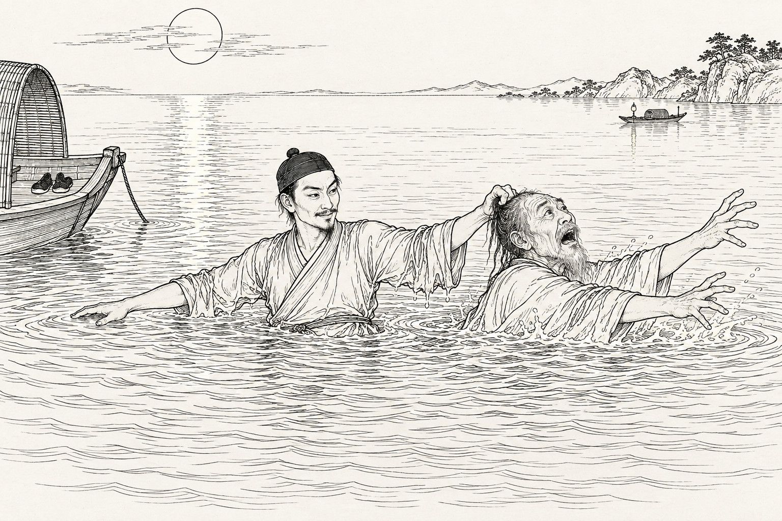 A line drawing in the manner of a late-Qing lithographed edition: on a wide lake under a full moon, Jiang Ping stands in water up to his waist in a soaked robe, smiling, and holds an old bearded man by the hair with one hand while the old man throws his arms wide and flails; at the left a covered boat with a pair of shoes on its bow, and far away a small boat and a rocky shore.