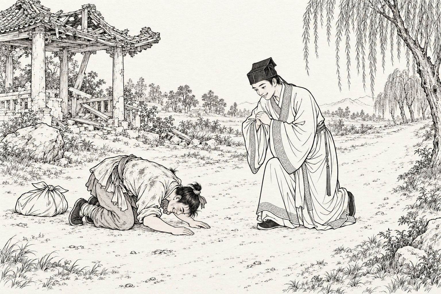 A line drawing in the manner of a late-Qing lithographed edition: beside a ruined roadside pavilion, the dusty, grinning Ai Hu kneels and bows his forehead to the ground, a cloth bundle on the ground beside him, while the young scholar Shi Jun in a broad-sleeved robe and a square cap bends in a half-kneel with his hands clasped, smiling, to return the bow; a willow stands at the right.