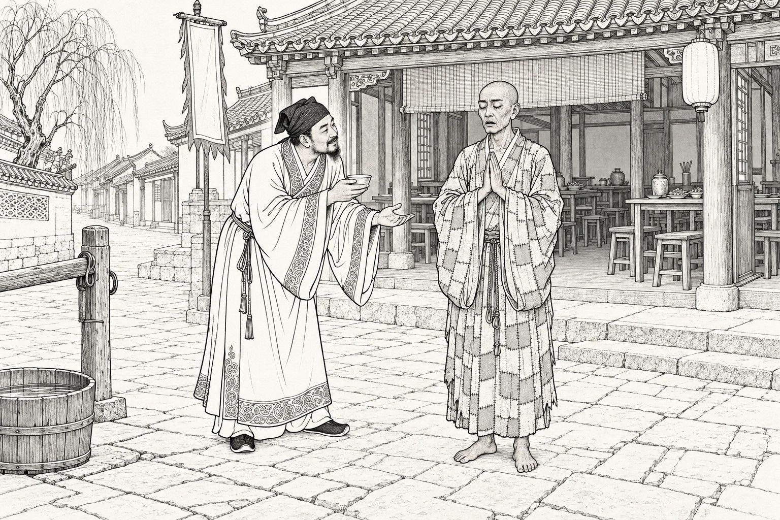 A line drawing in the manner of a late-Qing lithographed edition: In daytime on a flagstone street in front of an open-fronted eating house, a barefoot shaven-headed monk in a patched robe stands with eyes closed and palms pressed together, while a bearded man in a scholar's kerchief and long gown leans toward him with a wine cup in one hand and the other hand open in persuasion, with a wine banner, lantern, hitching post, water tub and bare willow around them.
