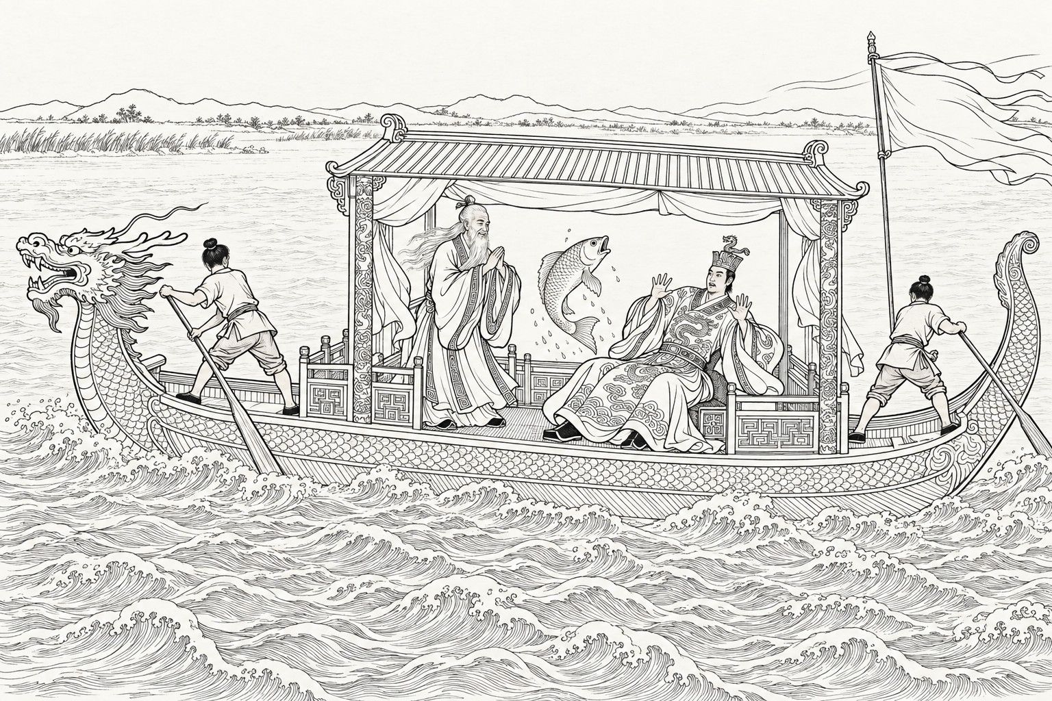 A line drawing in the manner of a late-Qing lithographed edition: on a dragon-prowed boat riding the choppy Yellow River, a great fish leaps into the open cabin; King Wu, in a crowned cap and dragon robe, throws up his hands in alarm, while Jiang Ziya, white-haired and white-bearded, stands beside him with hands clasped in congratulation, and two boatmen row at bow and stern.