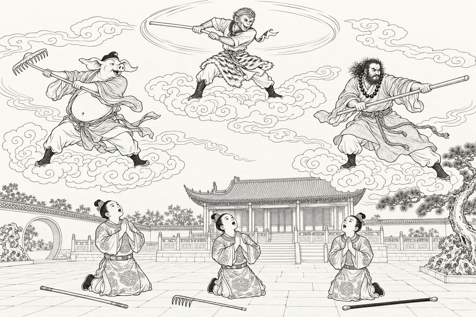 A line drawing in the manner of a late-Qing lithographed edition: by day in a palace courtyard, three pilgrims, a monkey, a pig and a bearded monk, stand on scrolling clouds in the sky wielding an iron staff, a nine-toothed rake and a heavy staff, while three young princes kneel below with hands pressed together and faces turned up, their weapons lying on the paving before a pavilion, a round gate and a pine.
