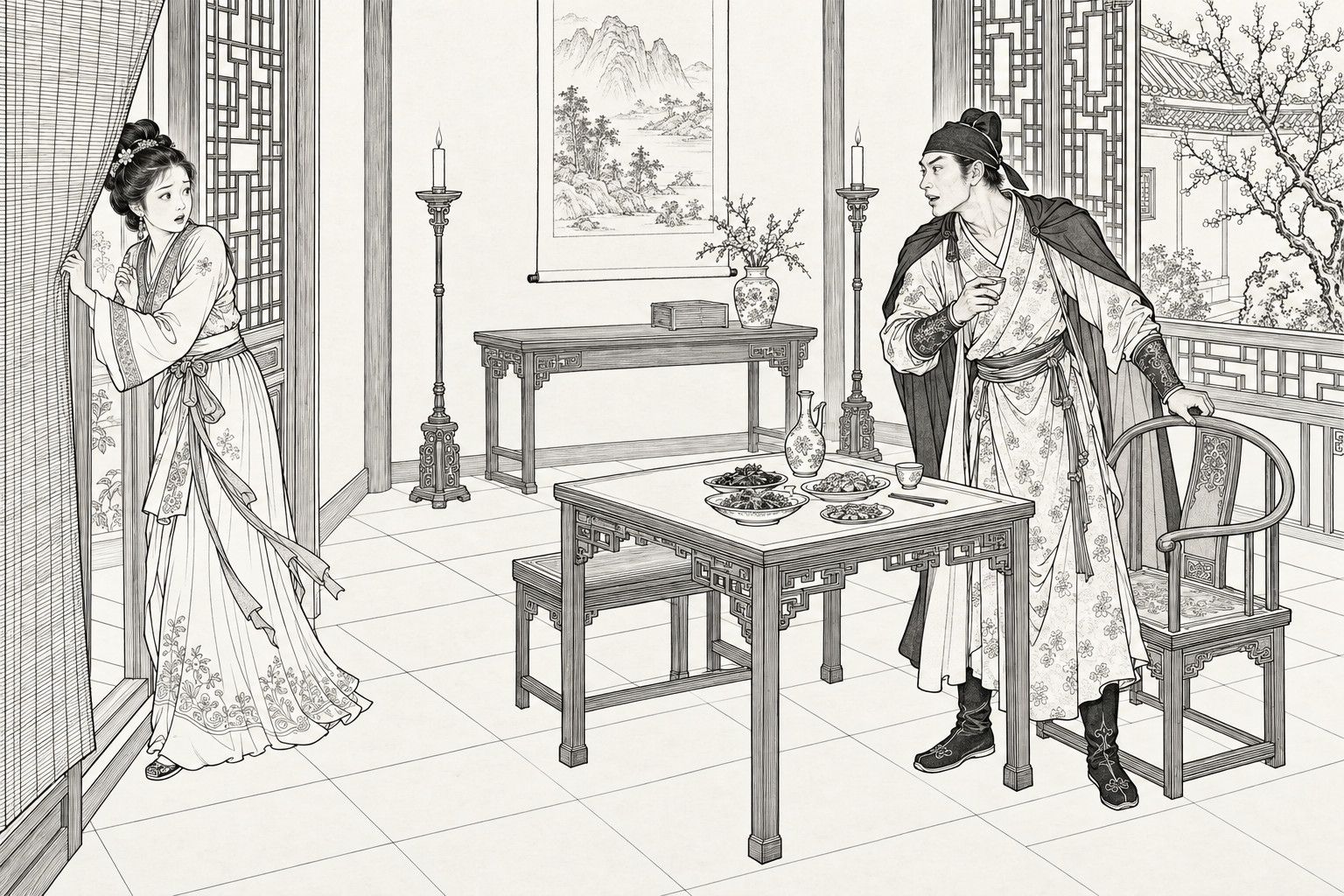 A line drawing in the manner of a late-Qing lithographed edition: in a guest hall with a landscape scroll, candlesticks, a vase of blossom and a table set with dishes, a lean young man in a cloak and head-cloth, standing by his chair with a cup in his hand, stares at a young woman with hairpins in an embroidered gown who has lifted the bamboo door curtain at the left, looking back with parted lips and drawing away.