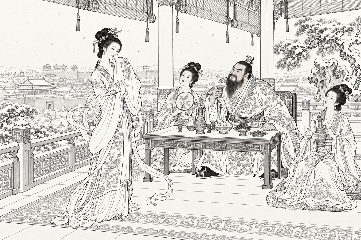 A line drawing in the manner of a late-Qing lithographed edition: on an open terrace above a snow-covered capital, a king in a small crown leans forward at a short table with a winecup raised, entranced by a consort who stands singing with one long sleeve lifted to her breast; a court lady with a round fan sits at his side, and another sits on her own cushion beyond the end of the table holding a wine ewer, her whole figure in the open.