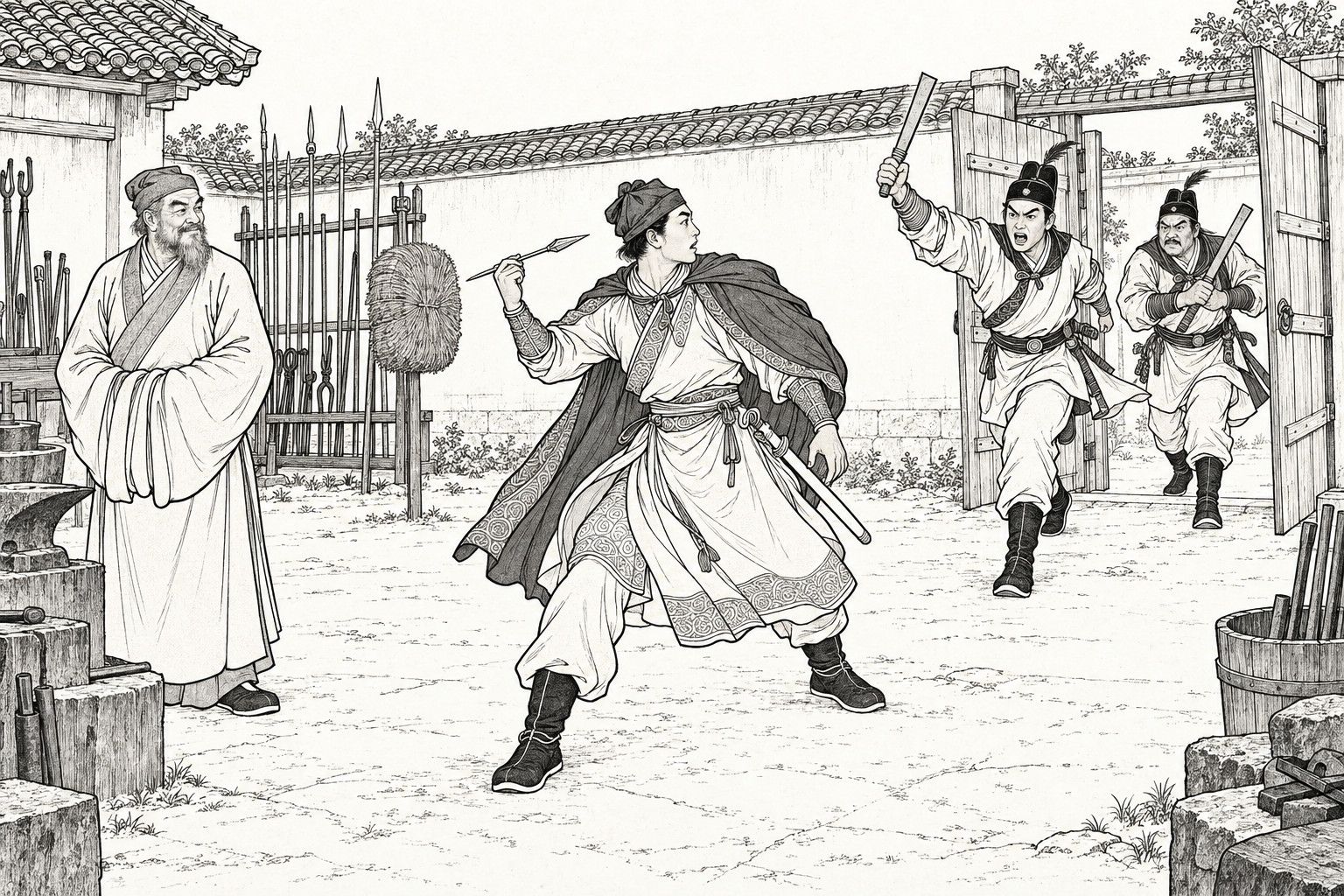 A line drawing in the manner of a late-Qing lithographed edition: in the back yard of an ironsmith's shop with an anvil, a rack of spears and a straw target, a young man in a cloak and head-cloth with a sword at his hip spins round with a throwing dart in his raised hand, startled; behind him the plank gate crashes open and two constables in feathered caps run in, one with an iron ruler raised, shouting; at the left a grey-bearded old smith in a long robe stands calmly with his hands in his sleeves.