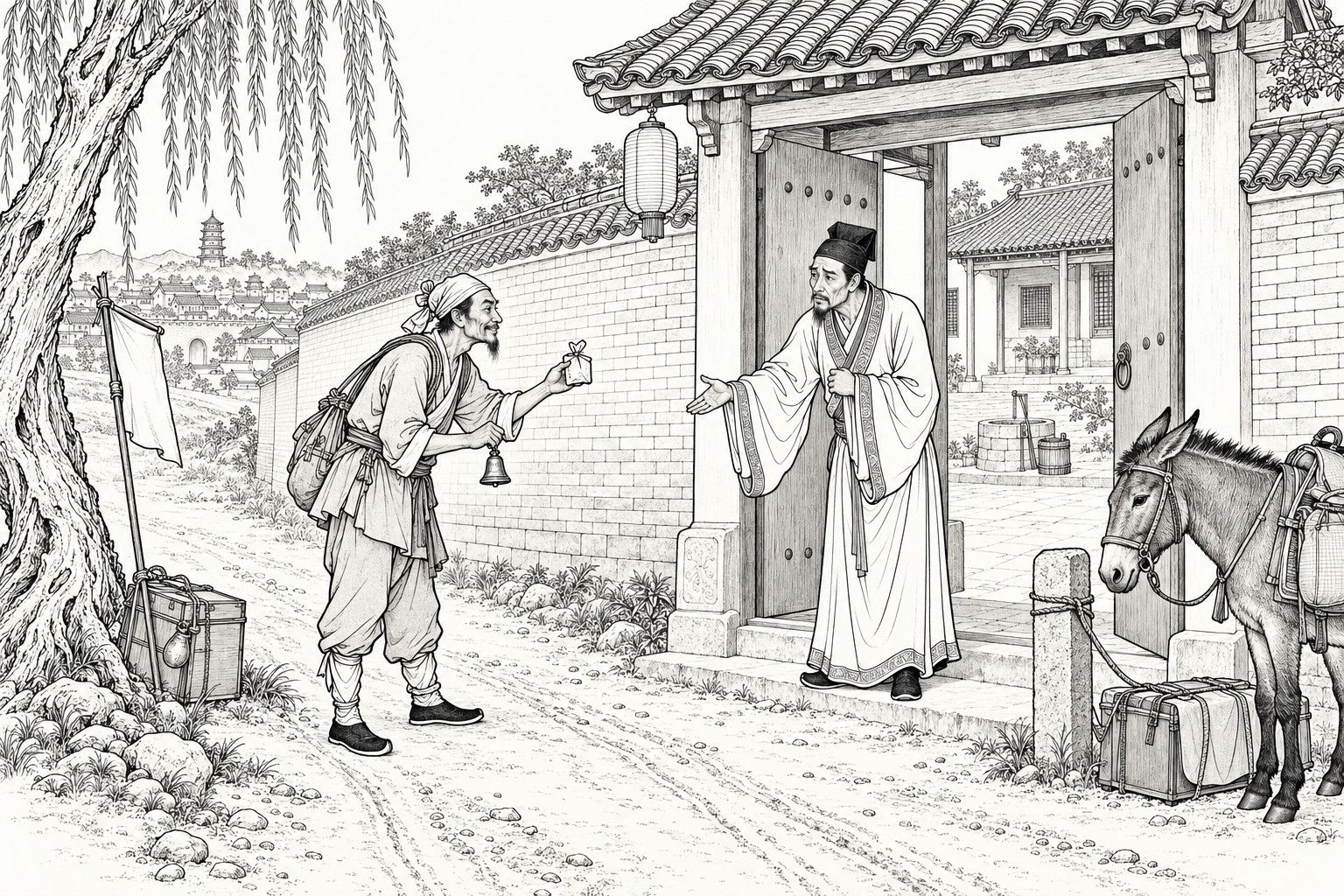 A line drawing in the manner of a late-Qing lithographed edition: in daylight on the dirt road outside an inn gate, a lean travelling doctor with a head-cloth and a medicine bag bows slightly and holds up a small paper packet and a hand-bell, while a gaunt scholar in a soft cap and wide-sleeved robe stands in the open gateway and gestures him inside, with a tiled gatehouse, a brick wall, a hanging lantern, a courtyard well, a tethered mule and trunk, a willow with a medicine box and pennant, and distant town roofs and a pagoda.